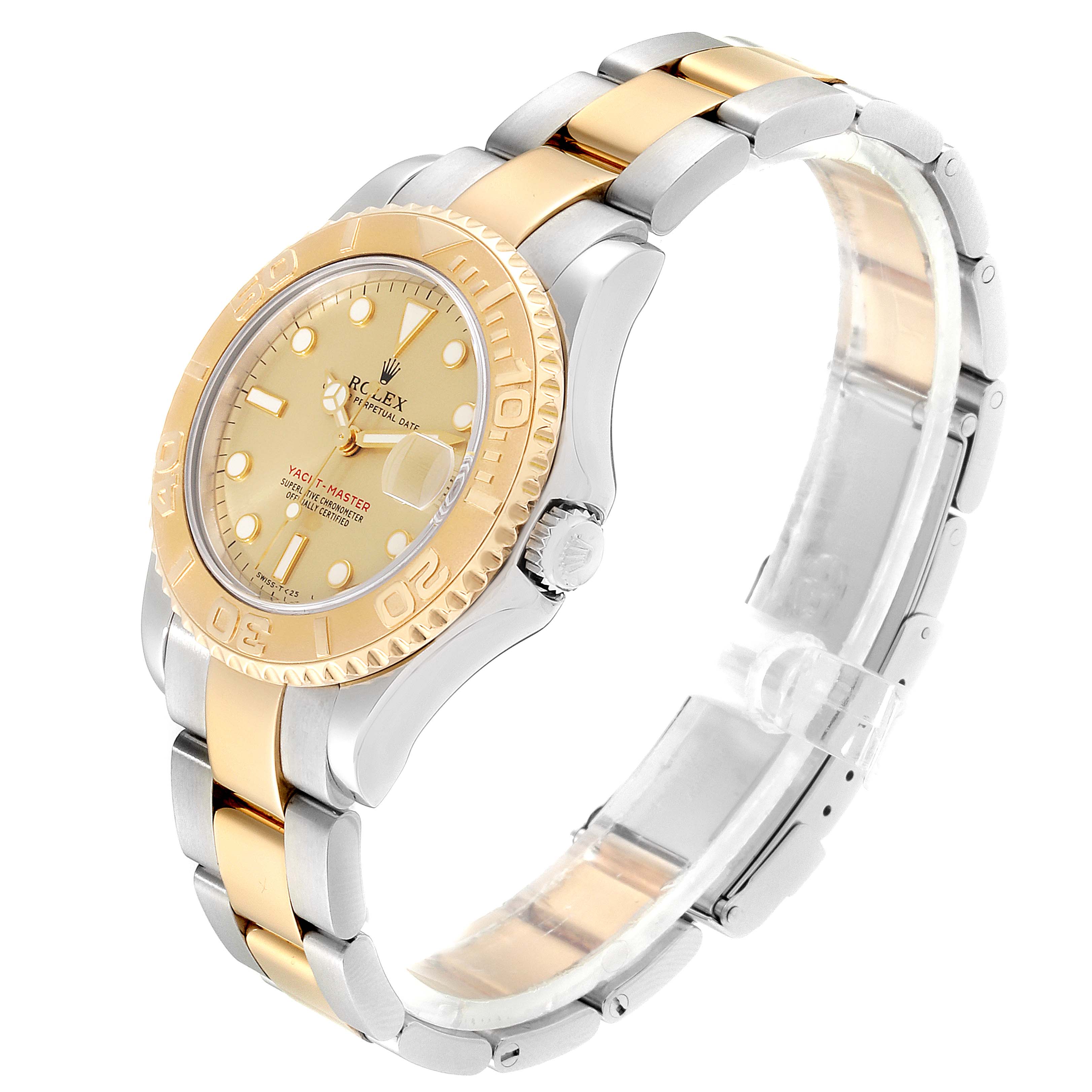 The image shows a Rolex Yacht-Master 68623 Men
s Steel and Gold (two tone) Champagne Dial 68623 Men
s Steel and Gold (two tone) Champagne Dial watch angled to display the dial, bezel, crown, and two-tone metal bracelet.