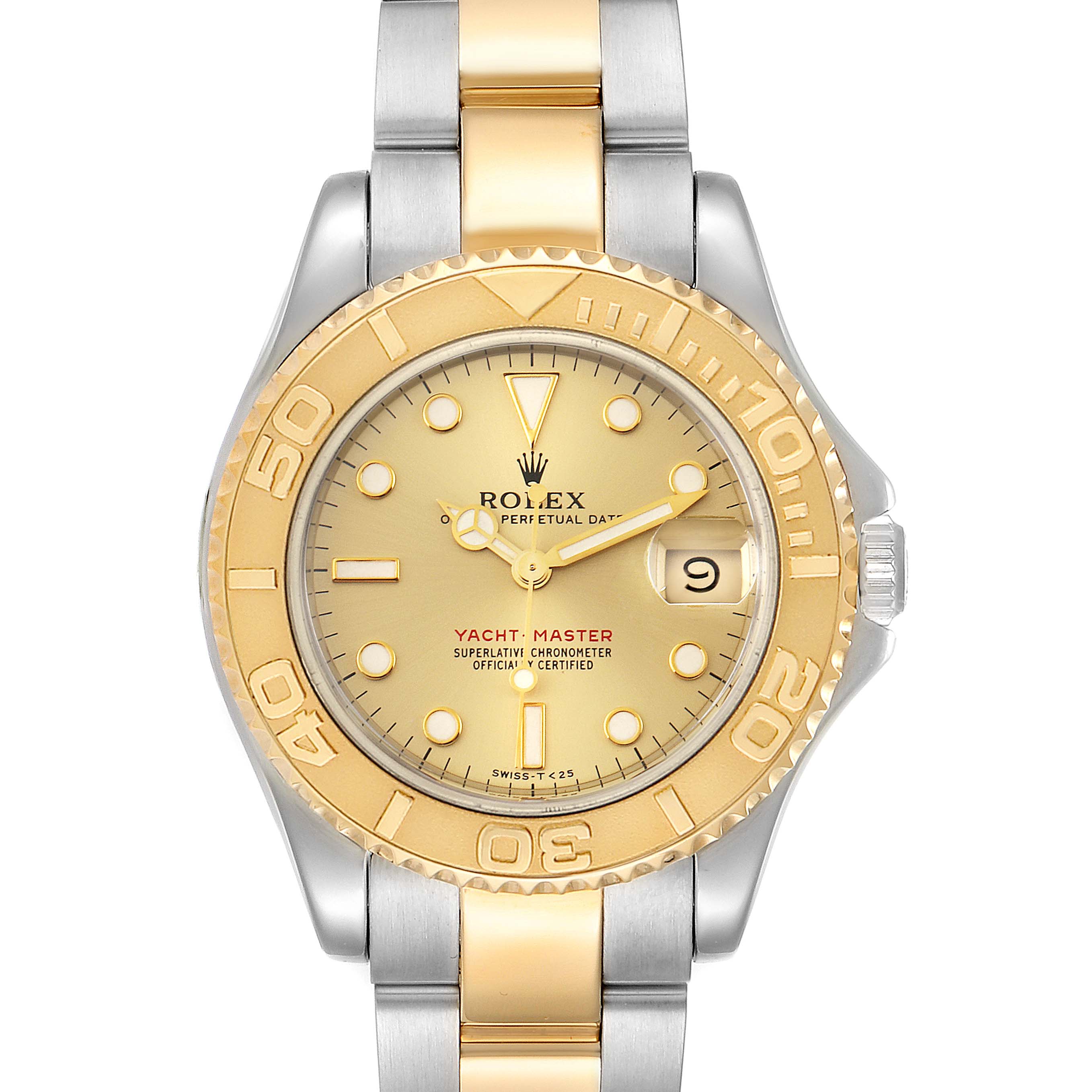 The Rolex Yacht-Master 68623 Men
s Steel and Gold (two tone) Champagne Dial 68623 Men
s Steel and Gold (two tone) Champagne Dial watch is shown from the front, highlighting the dial, bezel, case, and bracelet.