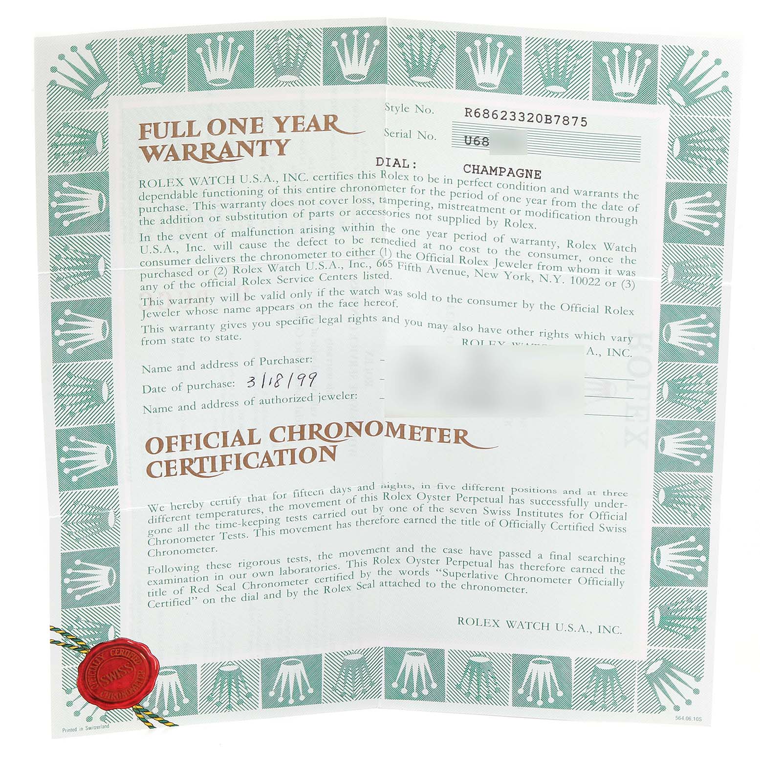 The image shows a Rolex Yacht-Master 68623 Men
s Steel and Gold (two tone) Champagne Dial 68623 Men
s Steel and Gold (two tone) Champagne Dial warranty and official chronometer certification document.