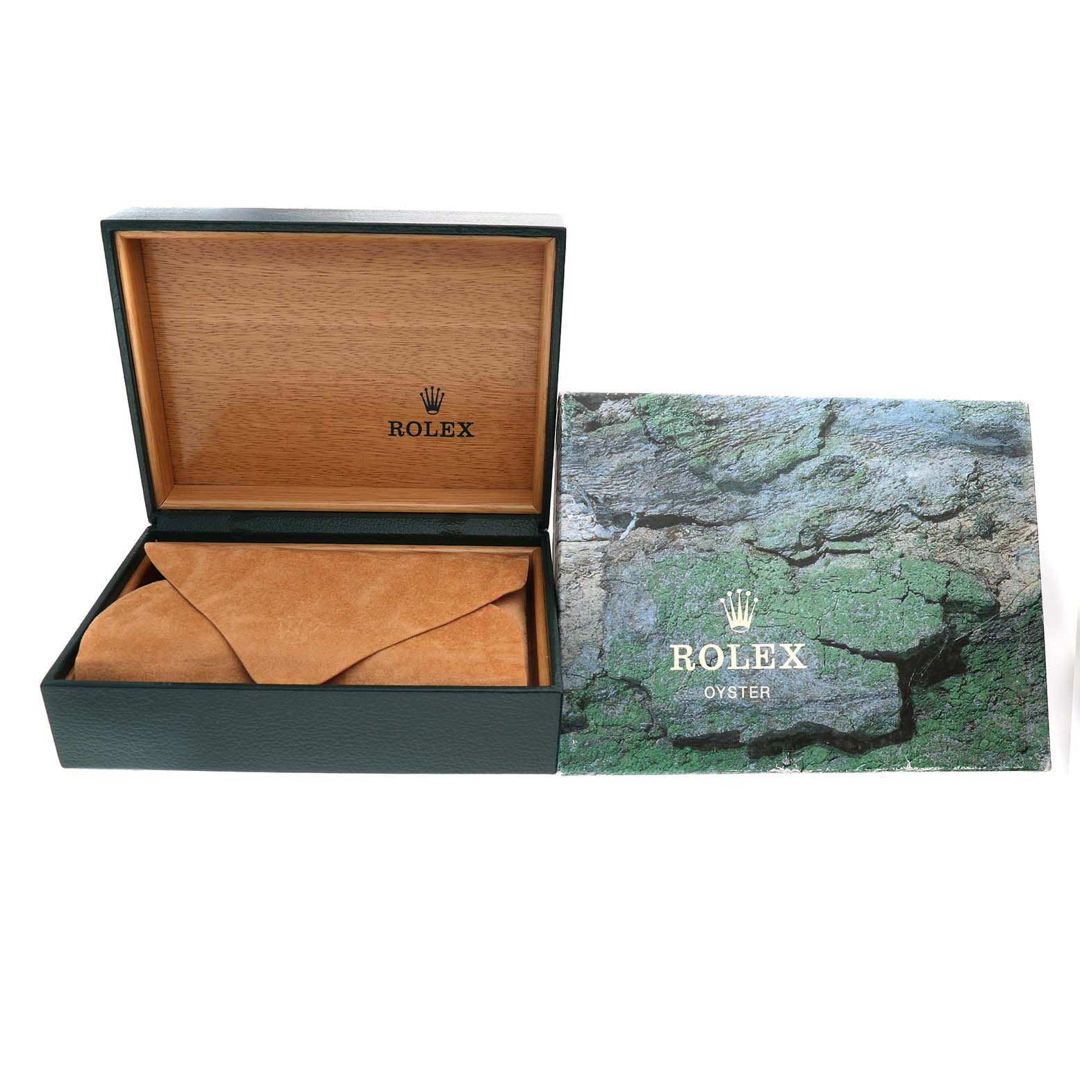 The image shows an open Rolex Yacht-Master 168622 Men's Stainless Steel Silver Dial watch box with a protective pouch inside.