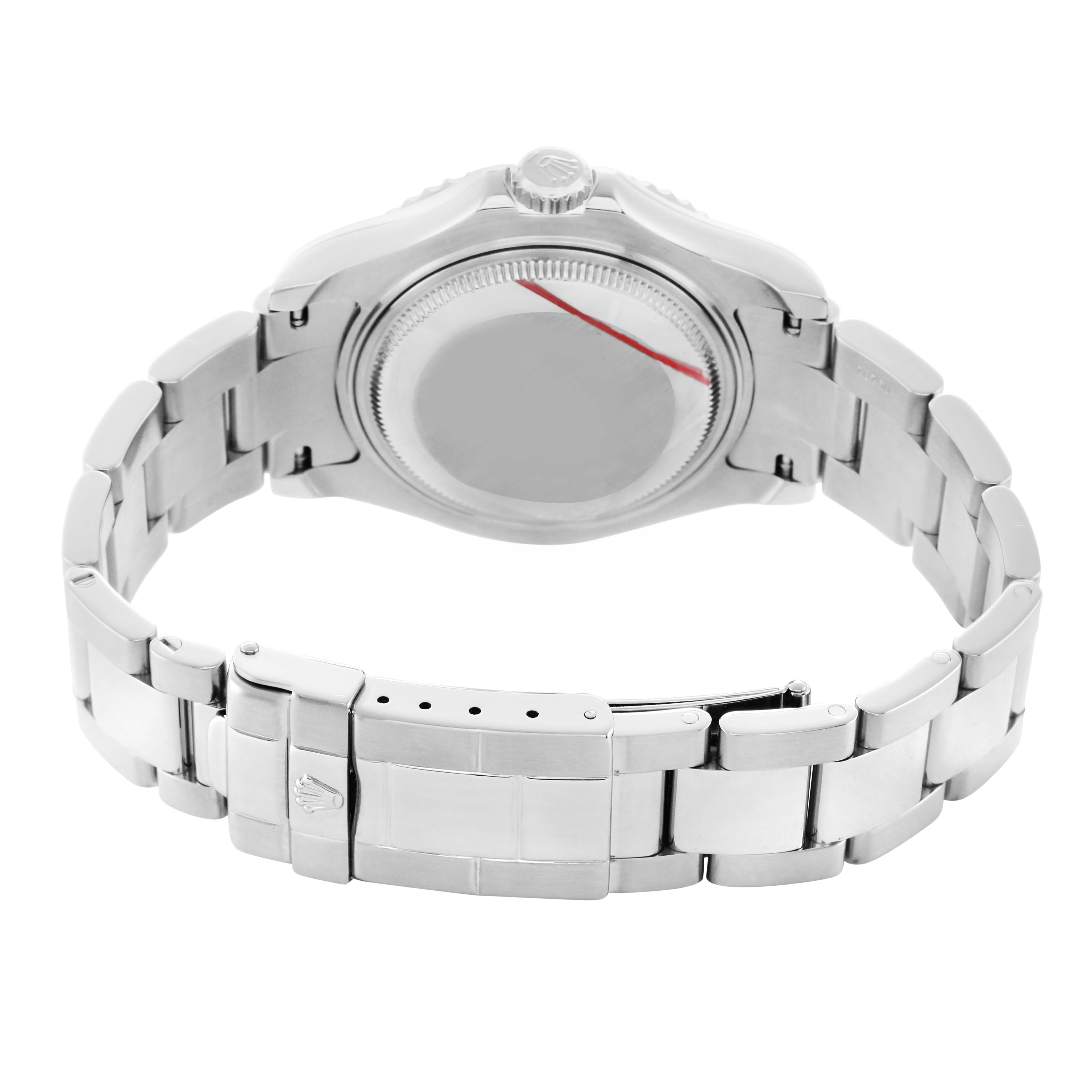 The Rolex Yacht-Master 168622 Men's Stainless Steel Silver Dial watch is shown from the back, highlighting the clasp, bracelet, and case back.