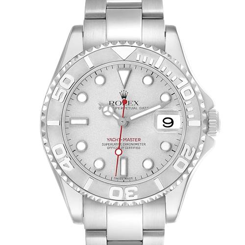 The Rolex Yacht-Master 168622 Men's Stainless Steel Silver Dial watch is shown from the front, highlighting the dial, bezel, and bracelet.