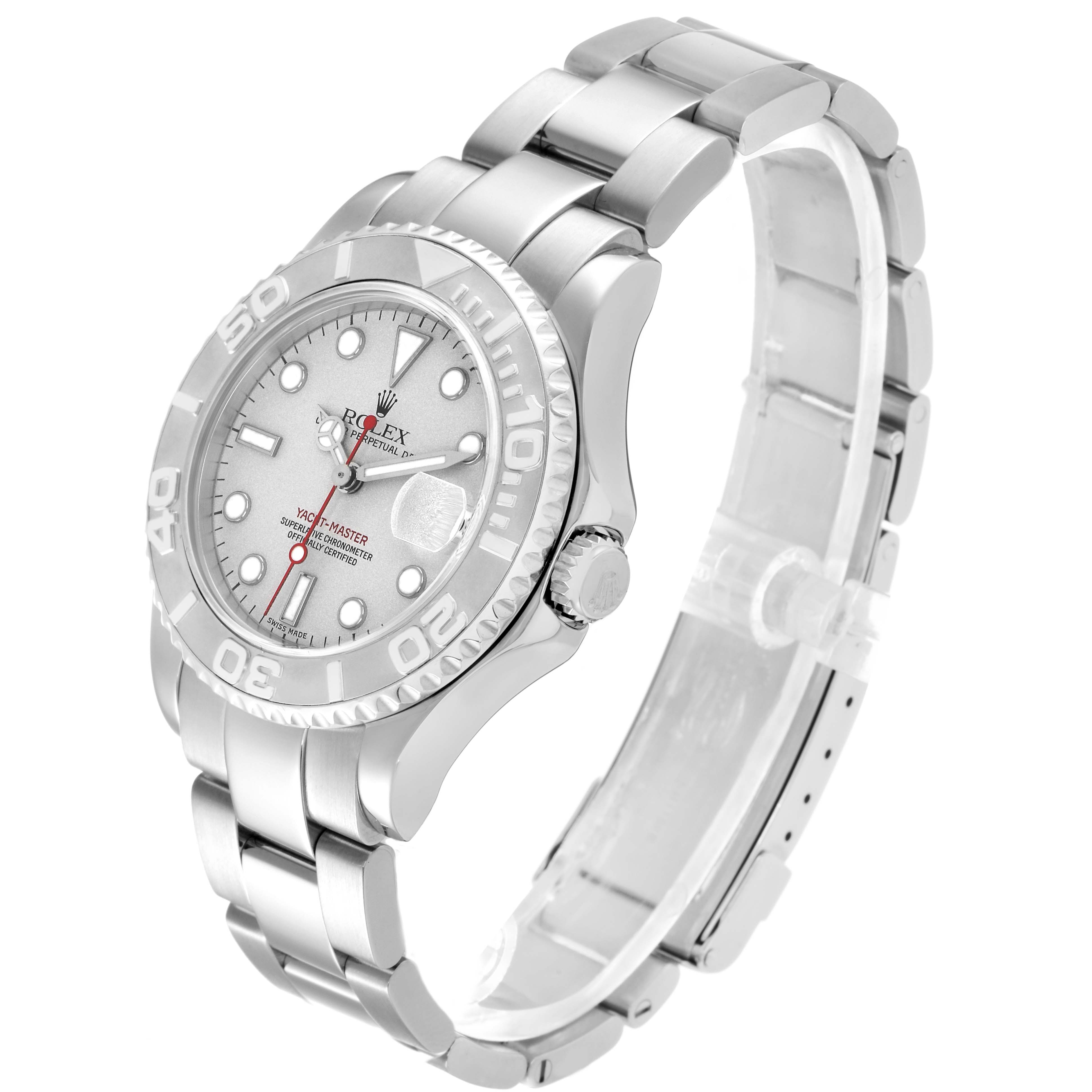 The Rolex Yacht-Master 168622 Men's Stainless Steel Silver Dial watch is shown at a 3/4 angle, displaying the face, bezel, crown, and bracelet.