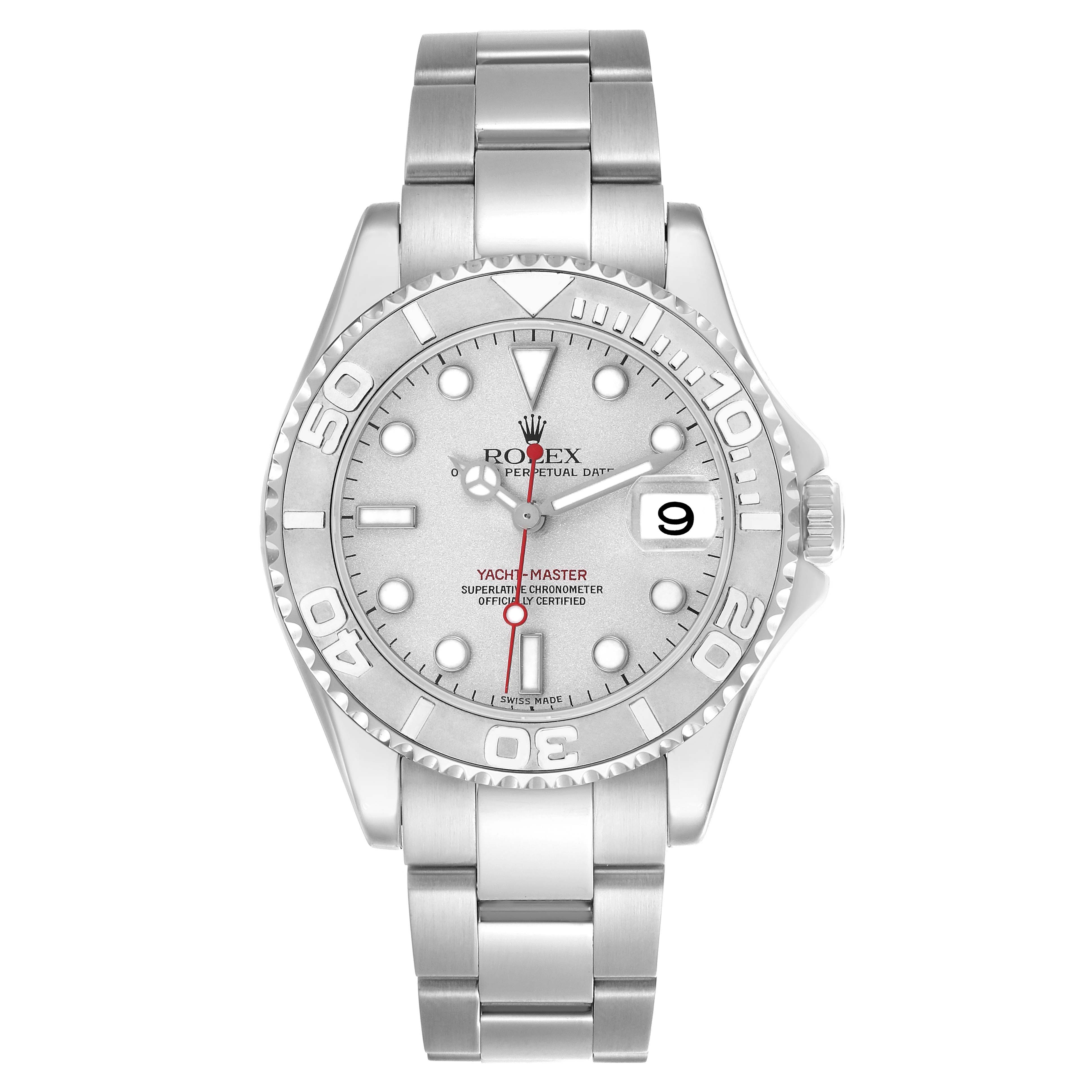The Rolex Yacht-Master 168622 Men's Stainless Steel Silver Dial watch is shown from the front, highlighting its bezel, dial, bracelet, and date window.