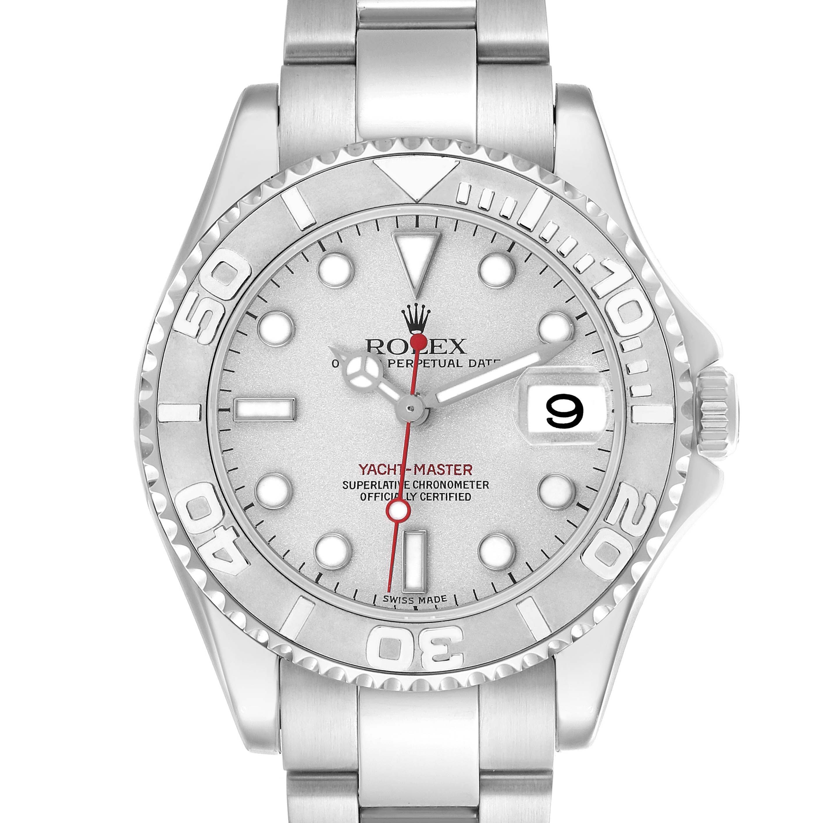The Rolex Yacht-Master 168622 Men's Stainless Steel Silver Dial watch is shown from the front, highlighting its bezel, dial, markers, hands, and bracelet.