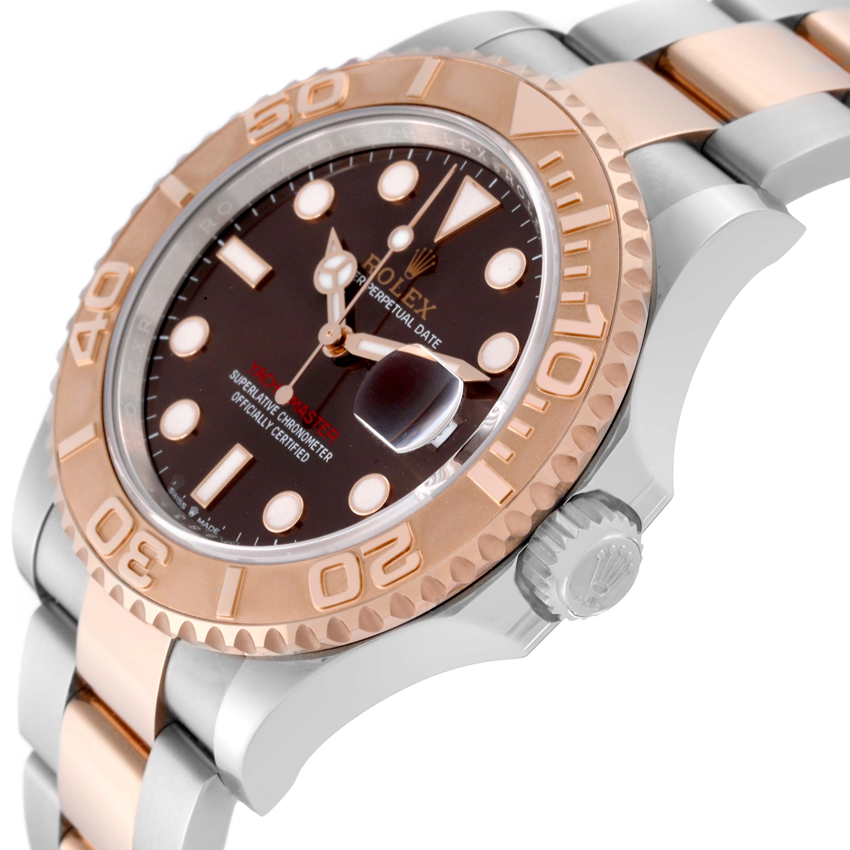 The Rolex Yacht-Master 126621 Men's Steel and Gold (two tone) Brown Dial 126621 Men's Steel and Gold (two tone) Brown Dial watch is shown at an angled side view, highlighting the bezel, crown, and part of the bracelet.