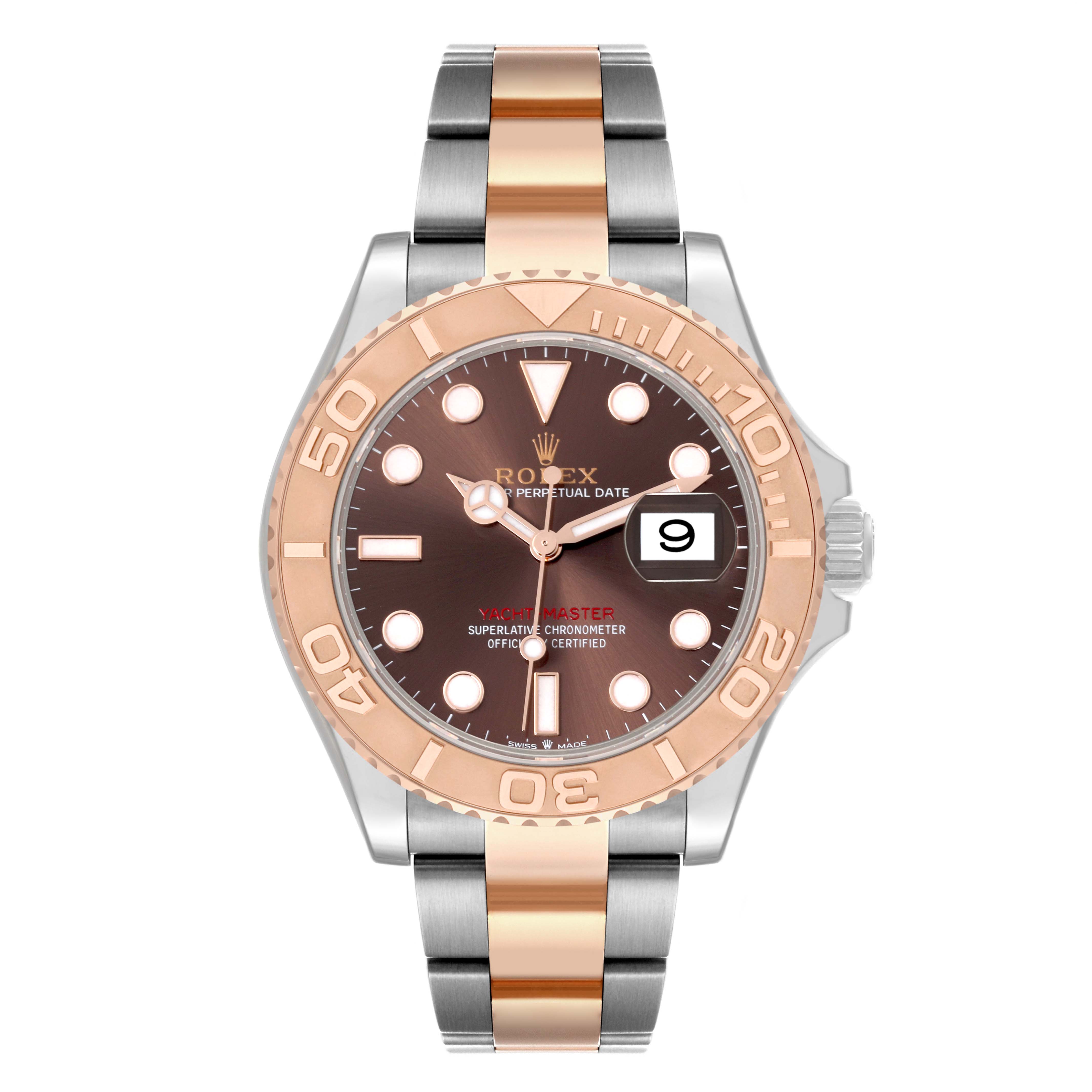 The Rolex Yacht-Master 126621 Men's Steel and Gold (two tone) Brown Dial 126621 Men's Steel and Gold (two tone) Brown Dial watch is shown from a front angle, displaying the bezel, dial, and bracelet.