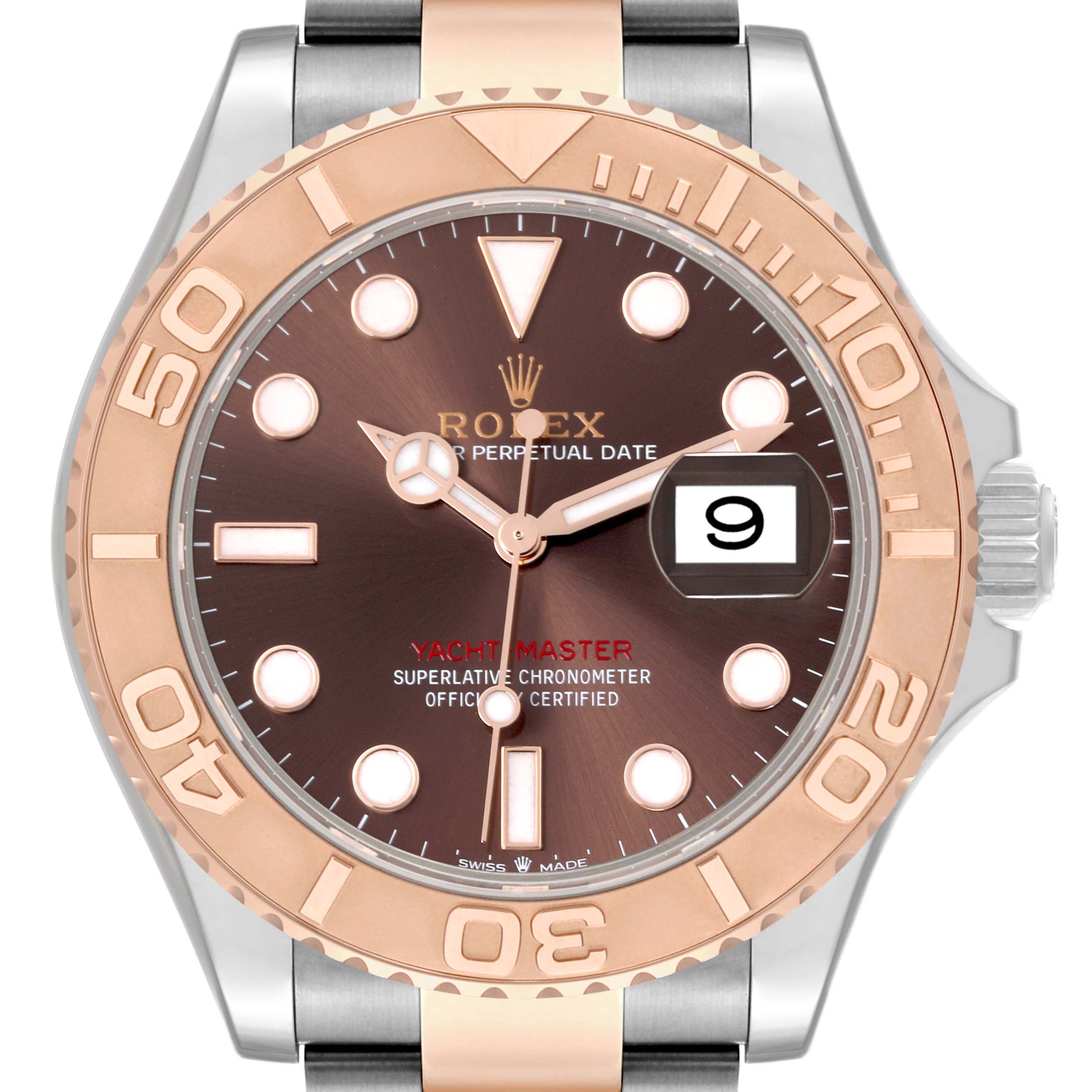 The image shows a front view of the Rolex Yacht-Master 126621 Men's Steel and Gold (two tone) Brown Dial 126621 Men's Steel and Gold (two tone) Brown Dial, highlighting the dial, bezel, and part of the bracelet.