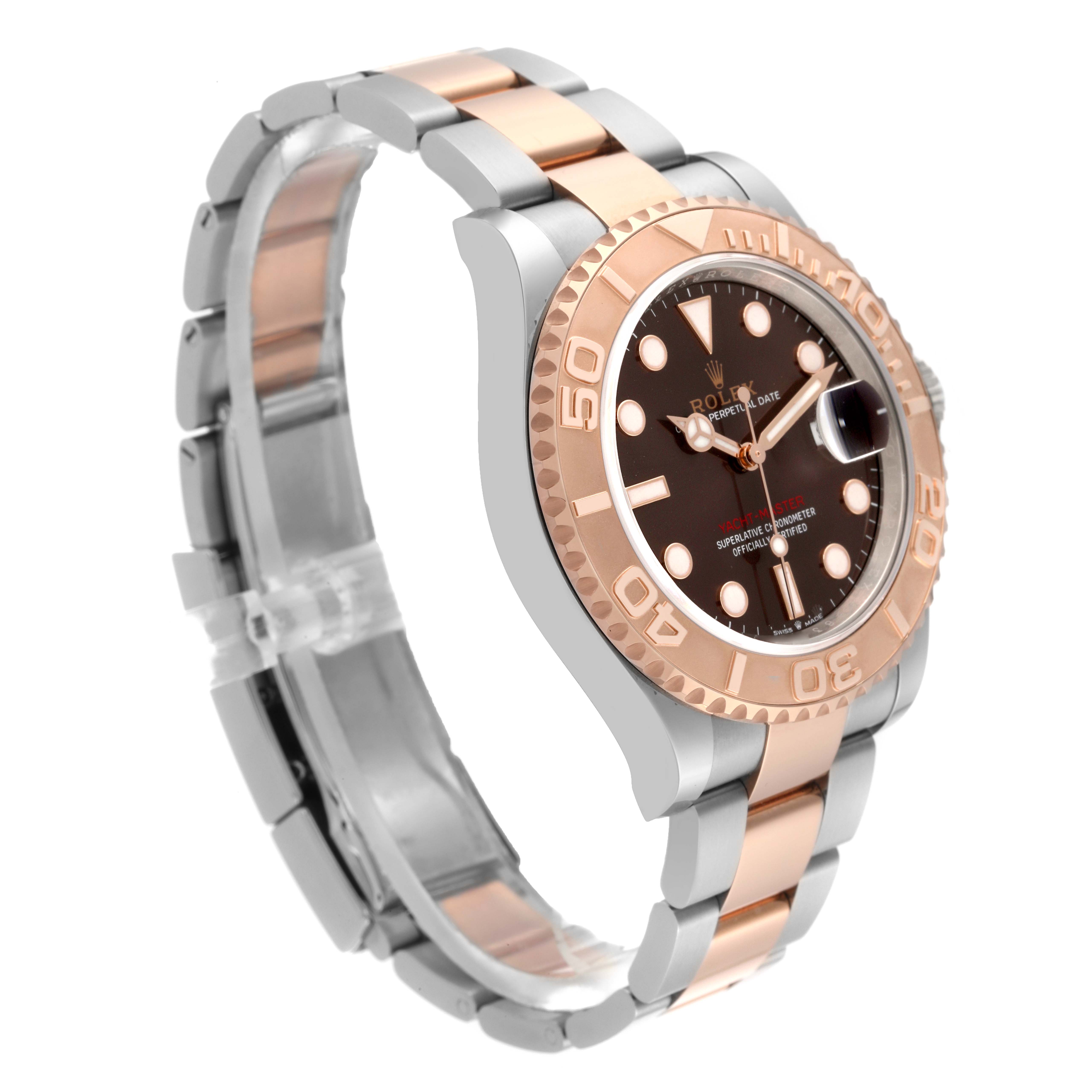 The Rolex Yacht-Master 126621 Men's Steel and Gold (two tone) Brown Dial 126621 Men's Steel and Gold (two tone) Brown Dial is shown at an angle highlighting the face, bezel, and two-tone bracelet.