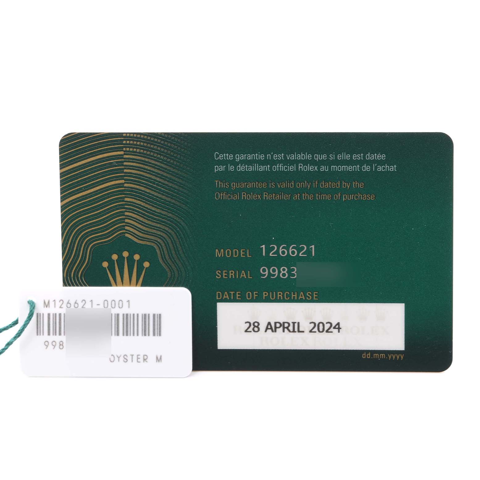 The image shows a Rolex Yacht-Master 126621 Men's Steel and Gold (two tone) Brown Dial 126621 Men's Steel and Gold (two tone) Brown Dial model 126621 warranty card and tag, viewed from above.