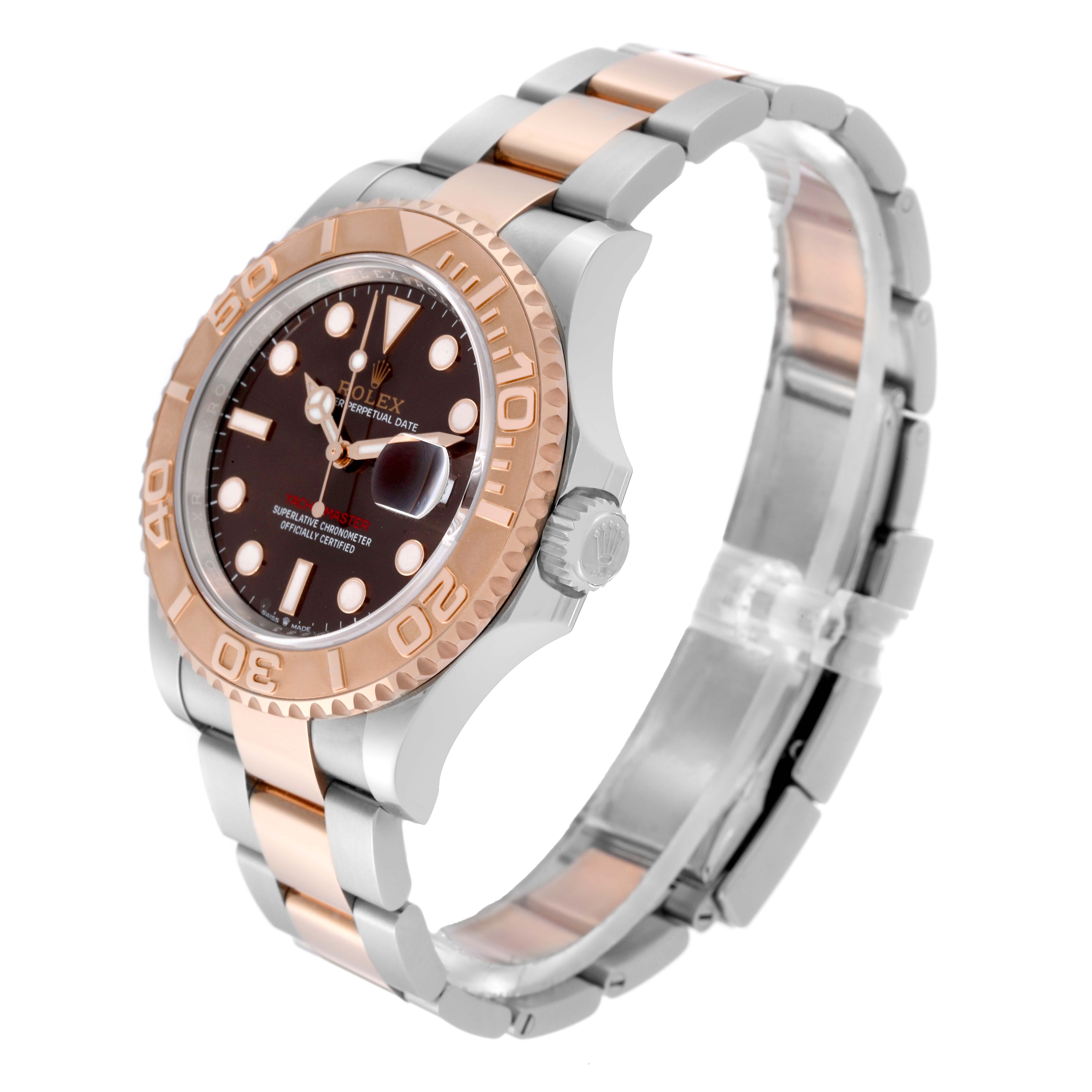 The Rolex Yacht-Master 126621 Men's Steel and Gold (two tone) Brown Dial 126621 Men's Steel and Gold (two tone) Brown Dial watch is shown at a three-quarter angle, highlighting the bezel, face, and bracelet.