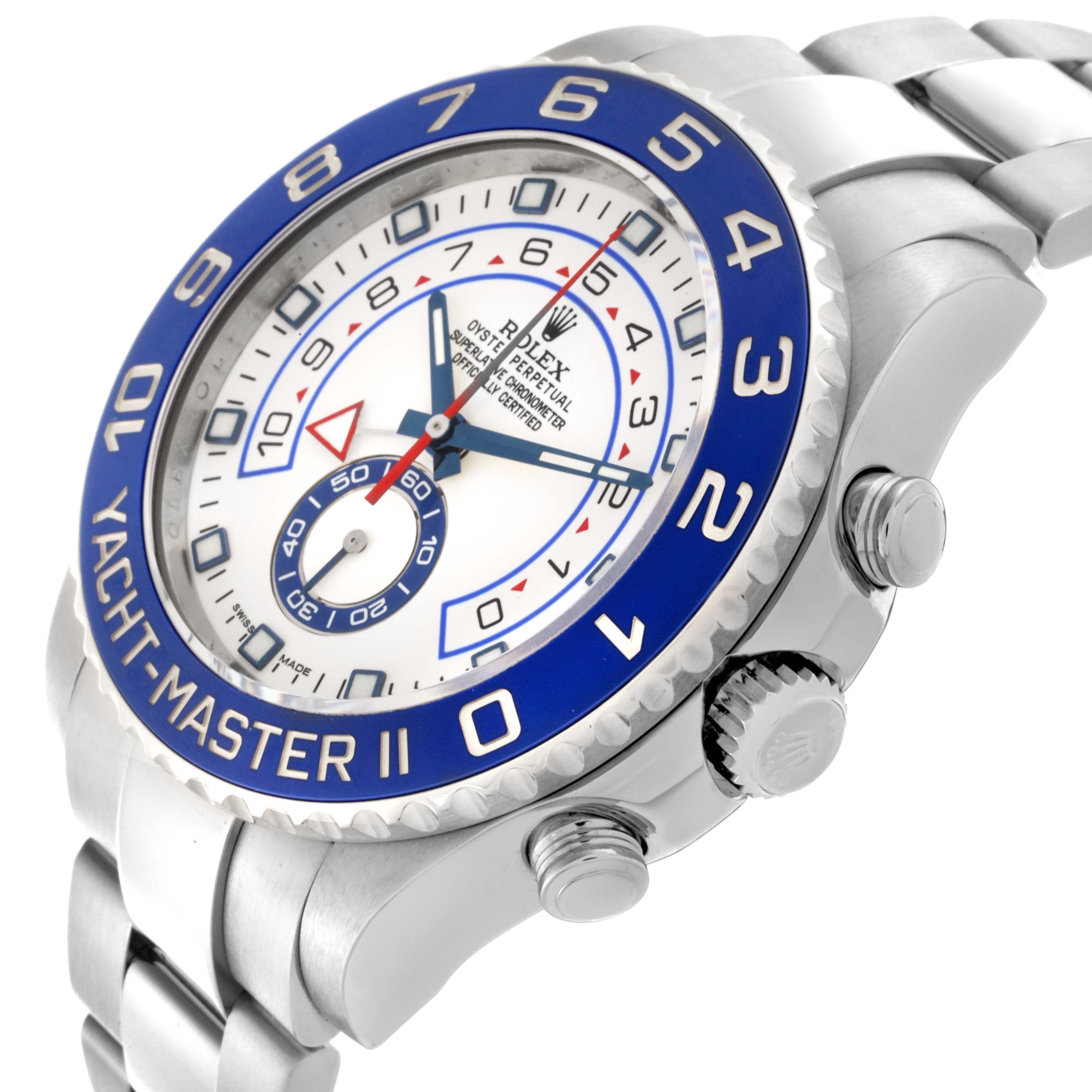 The Rolex Yacht-Master 116680 Men's Stainless Steel White Dial 116680 Men's Stainless Steel White Dial model is shown at an angled view, highlighting the dial, bezel, crown, and part of the bracelet.