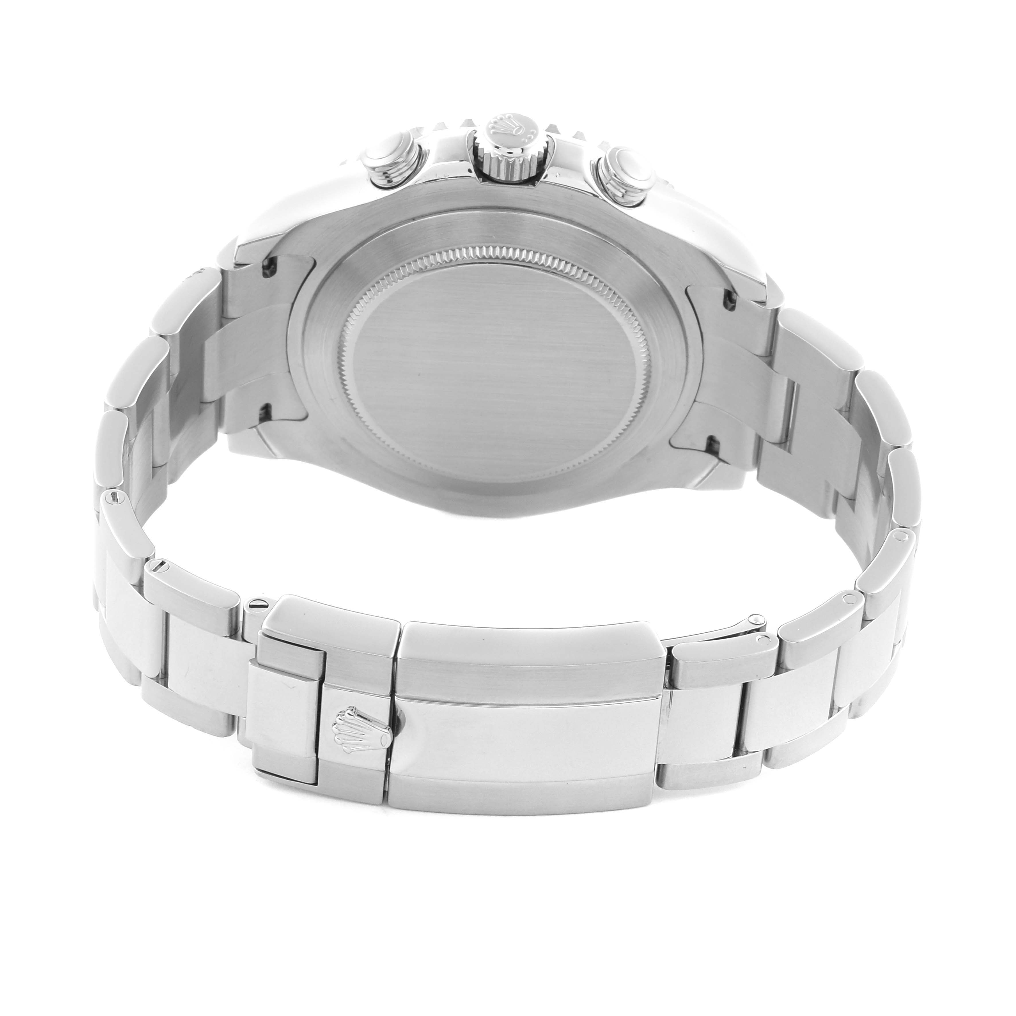 The Rolex Yacht-Master 116680 Men's Stainless Steel White Dial 116680 Men's Stainless Steel White Dial watch is shown from the back, highlighting the case, crown, and bracelet clasp.