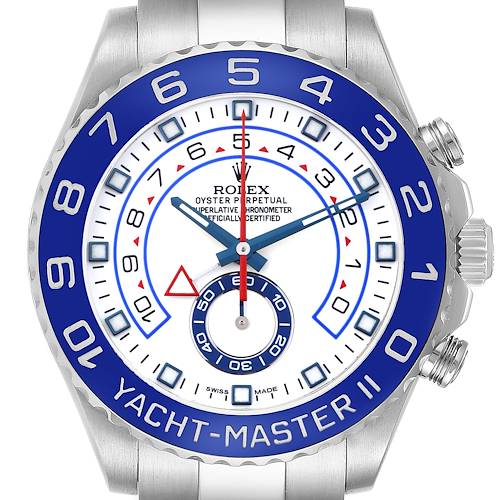 The Rolex Yacht-Master is shown from the front, highlighting its bezel, dial, hands, and crown.