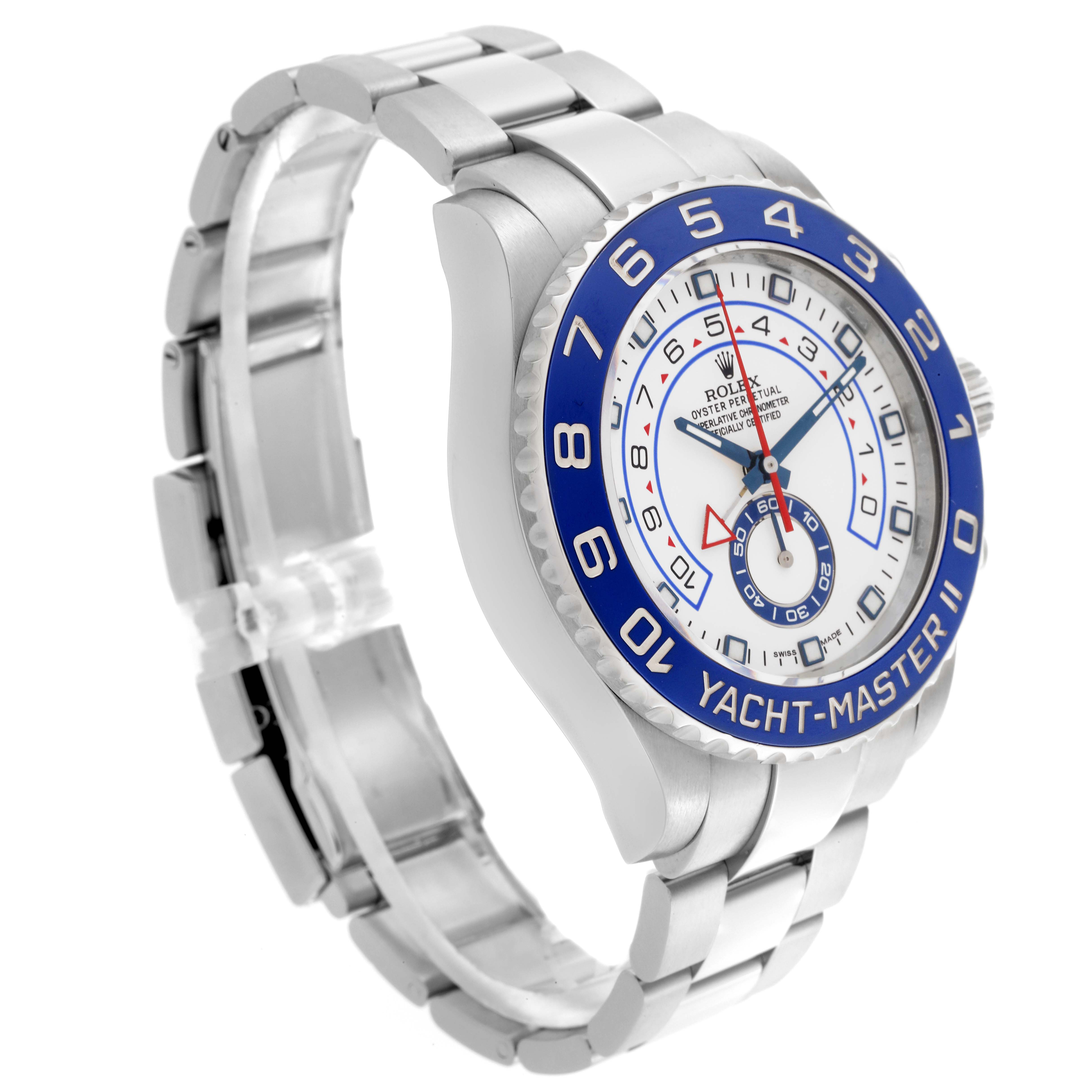 The Rolex Yacht-Master 116680 Men's Stainless Steel White Dial 116680 Men's Stainless Steel White Dial watch is shown at a slight side angle, displaying its face, bezel, and bracelet.