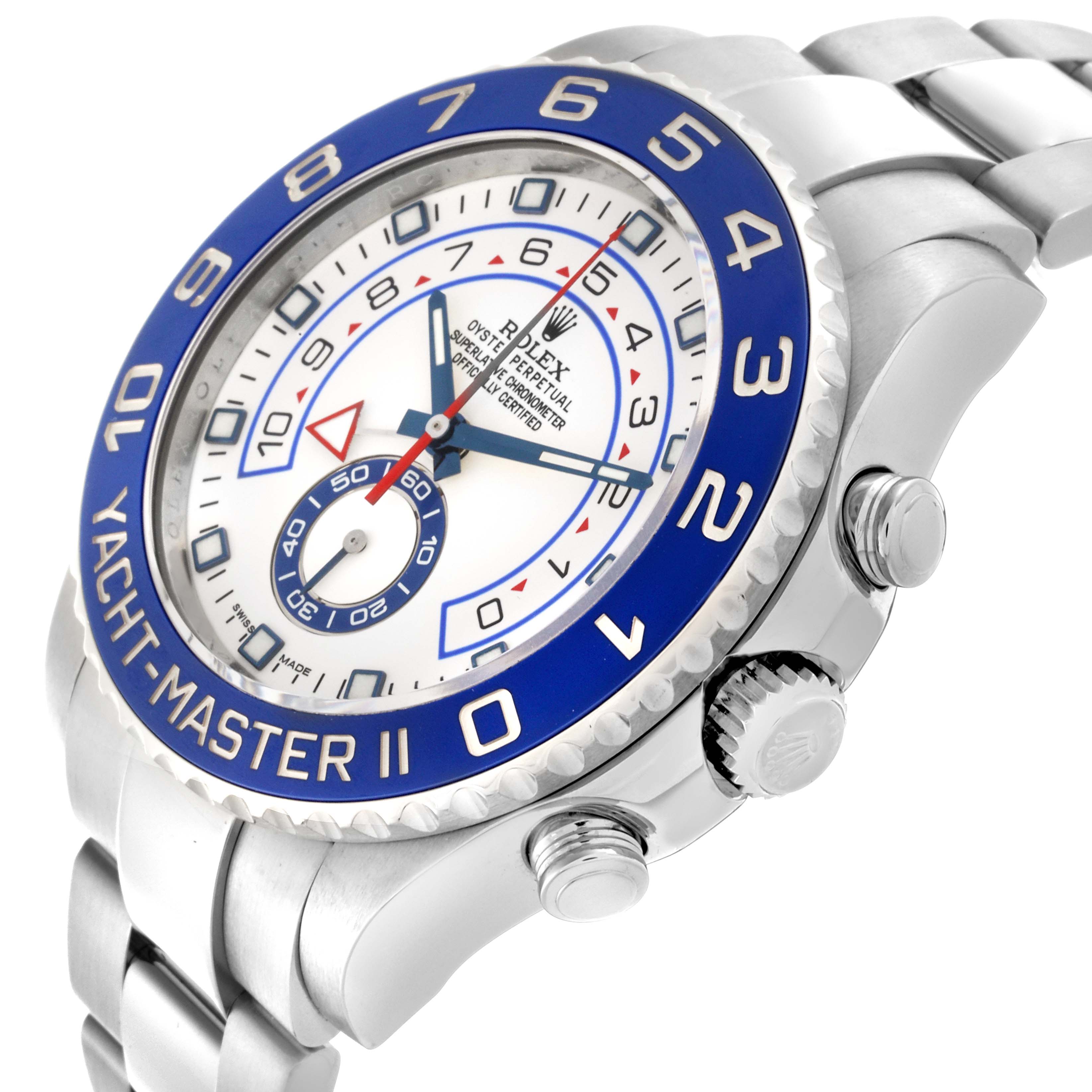 The Rolex Yacht-Master 116680 Men's Stainless Steel White Dial 116680 Men's Stainless Steel White Dial watch is shown at an angled view, highlighting the bezel, dial, and crown.