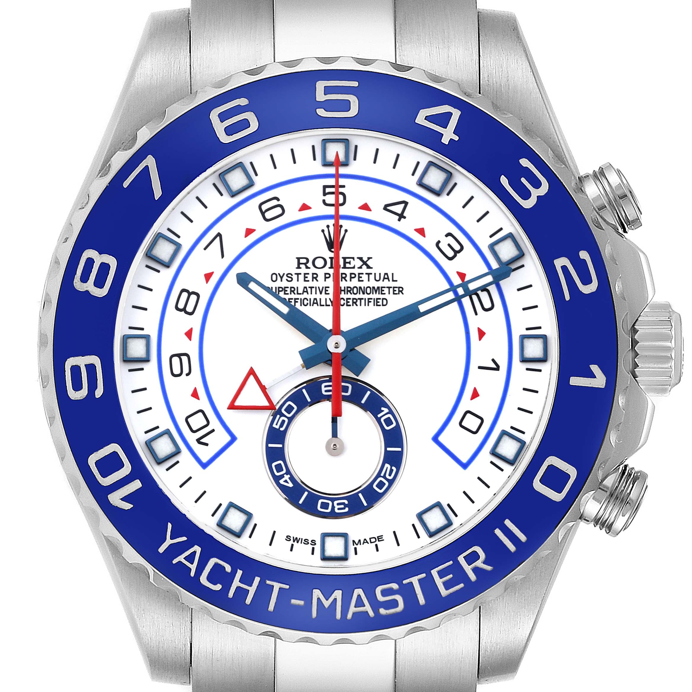 The Rolex Yacht-Master 116680 Men's Stainless Steel White Dial 116680 Men's Stainless Steel White Dial watch is shown from the front, displaying the dial and bezel.