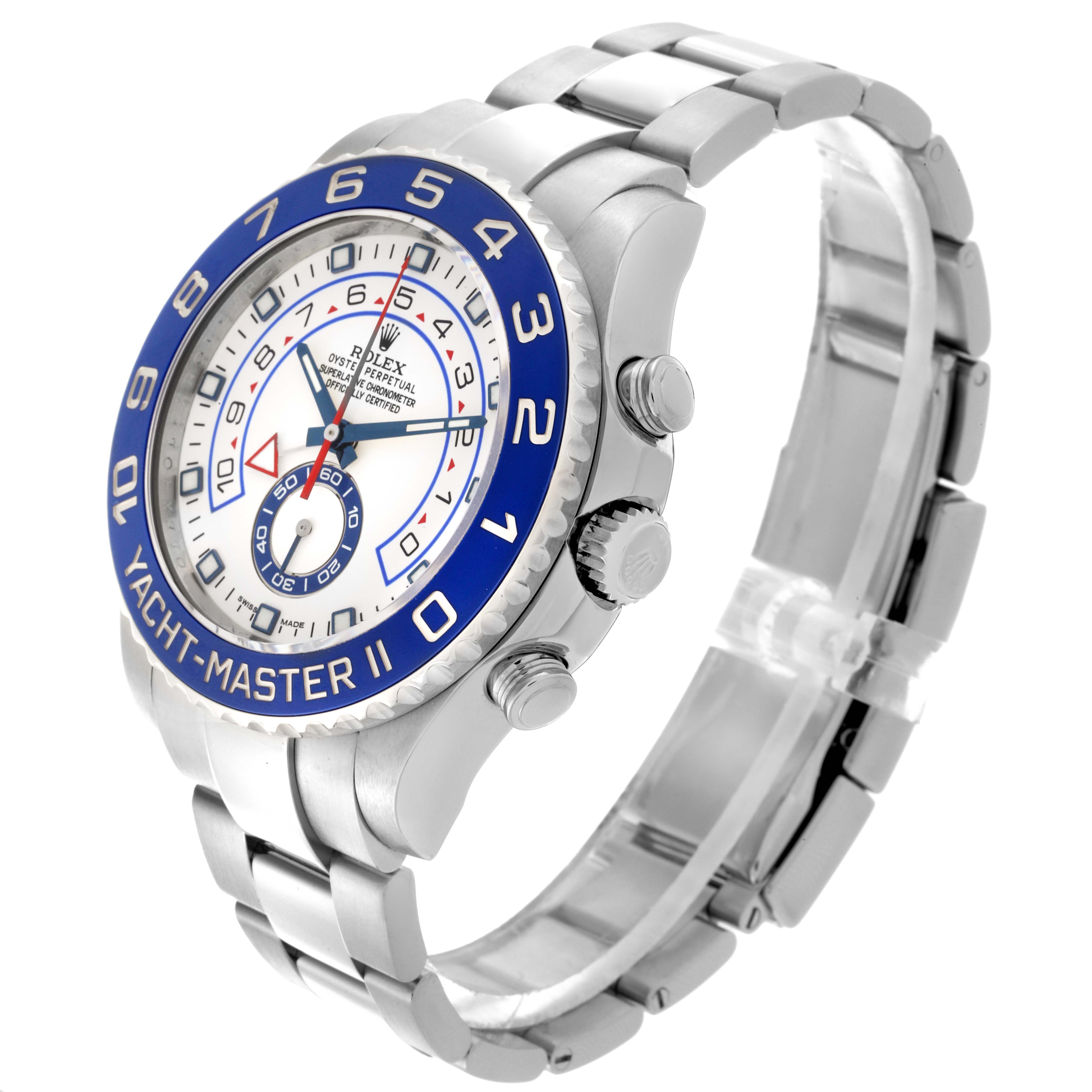 The Rolex Yacht-Master 116680 Men's Stainless Steel White Dial 116680 Men's Stainless Steel White Dial II is shown at an angled side view, displaying the face, bezel, crown, pushers, and bracelet.