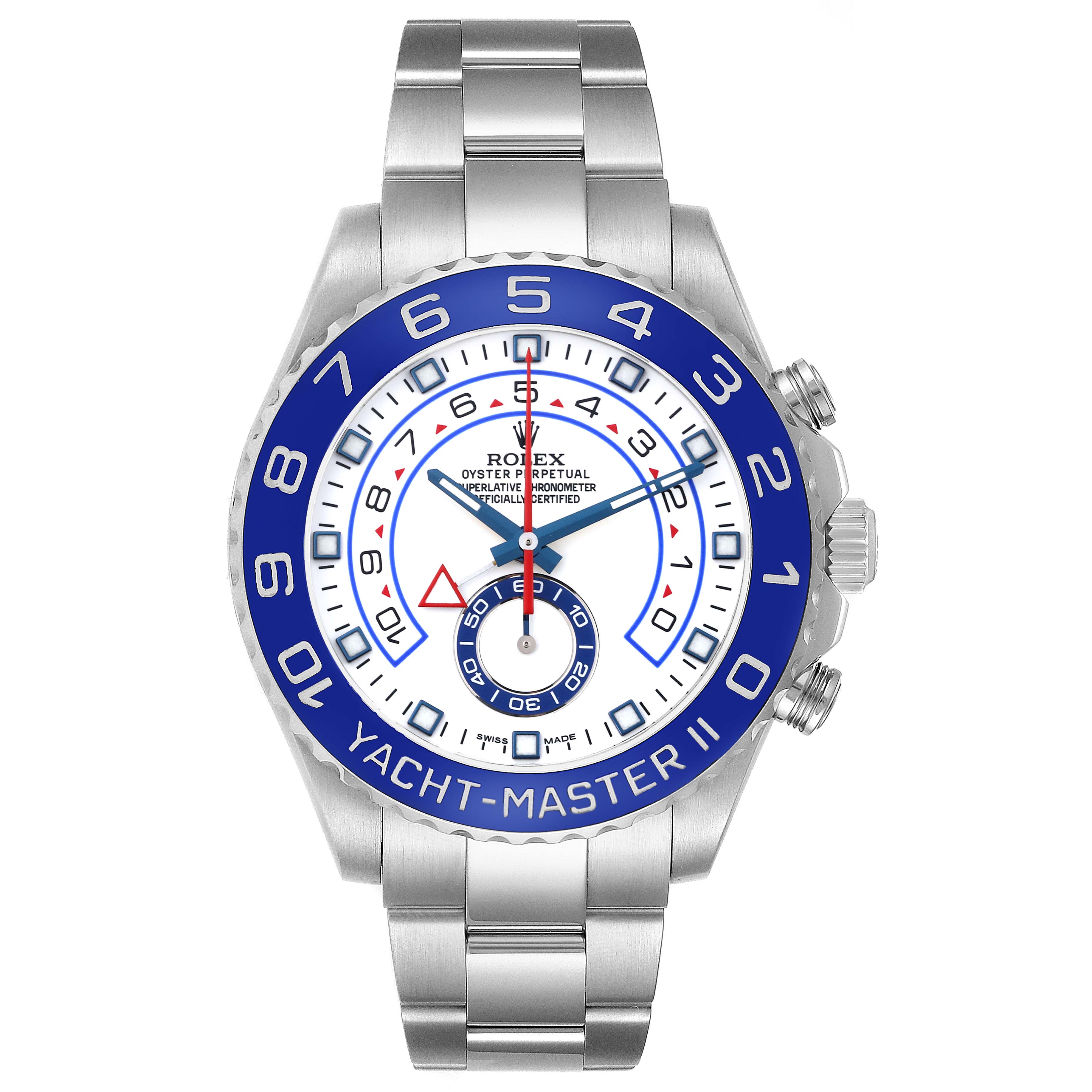 The Rolex Yacht-Master 116680 Men's Stainless Steel White Dial 116680 Men's Stainless Steel White Dial watch is shown from a front angle, displaying the bezel, dial, and bracelet prominently.