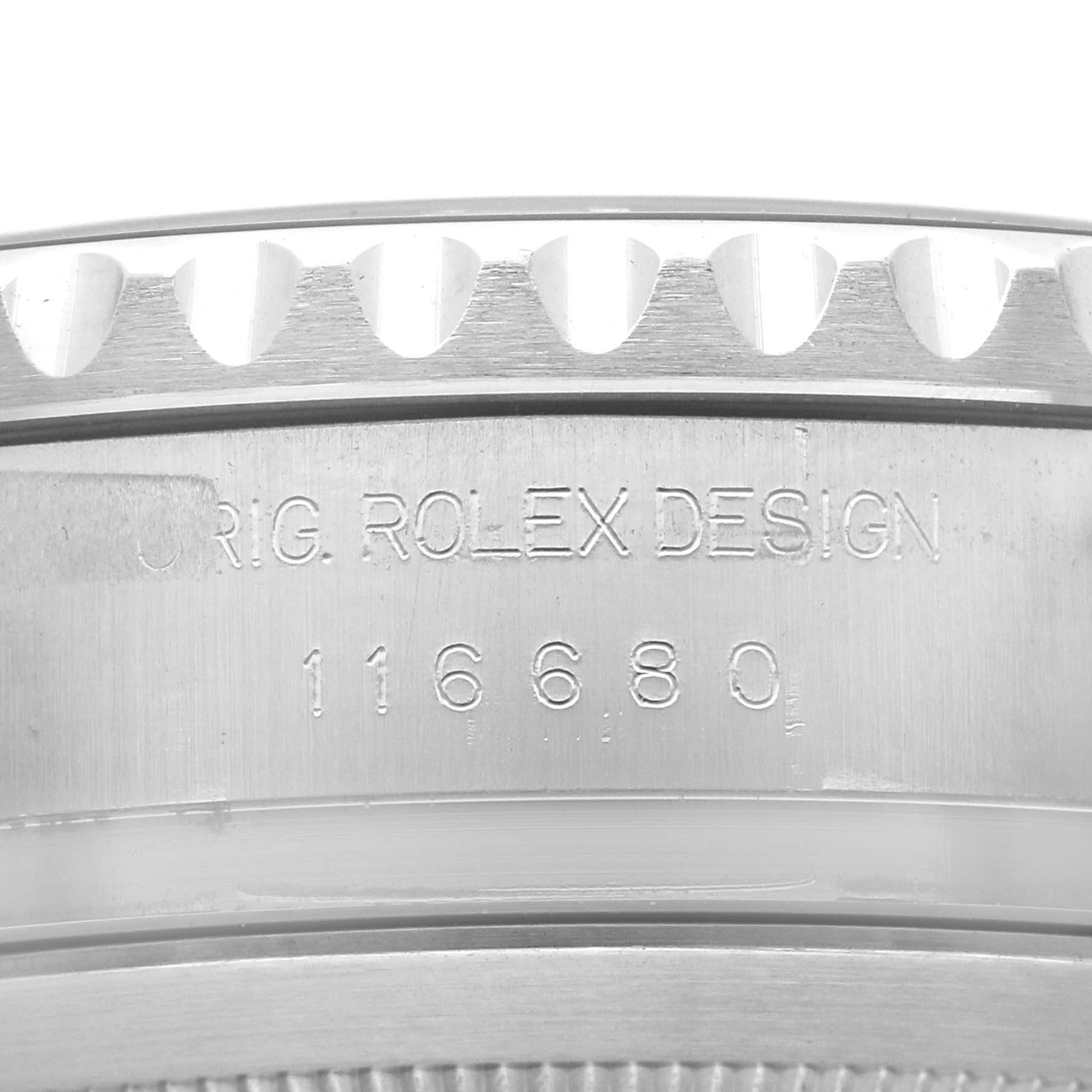 The image shows a close-up of the Rolex Yacht-Master 116680 Men's Stainless Steel White Dial 116680 Men's Stainless Steel White Dial's bezel and engraved model number (116680).