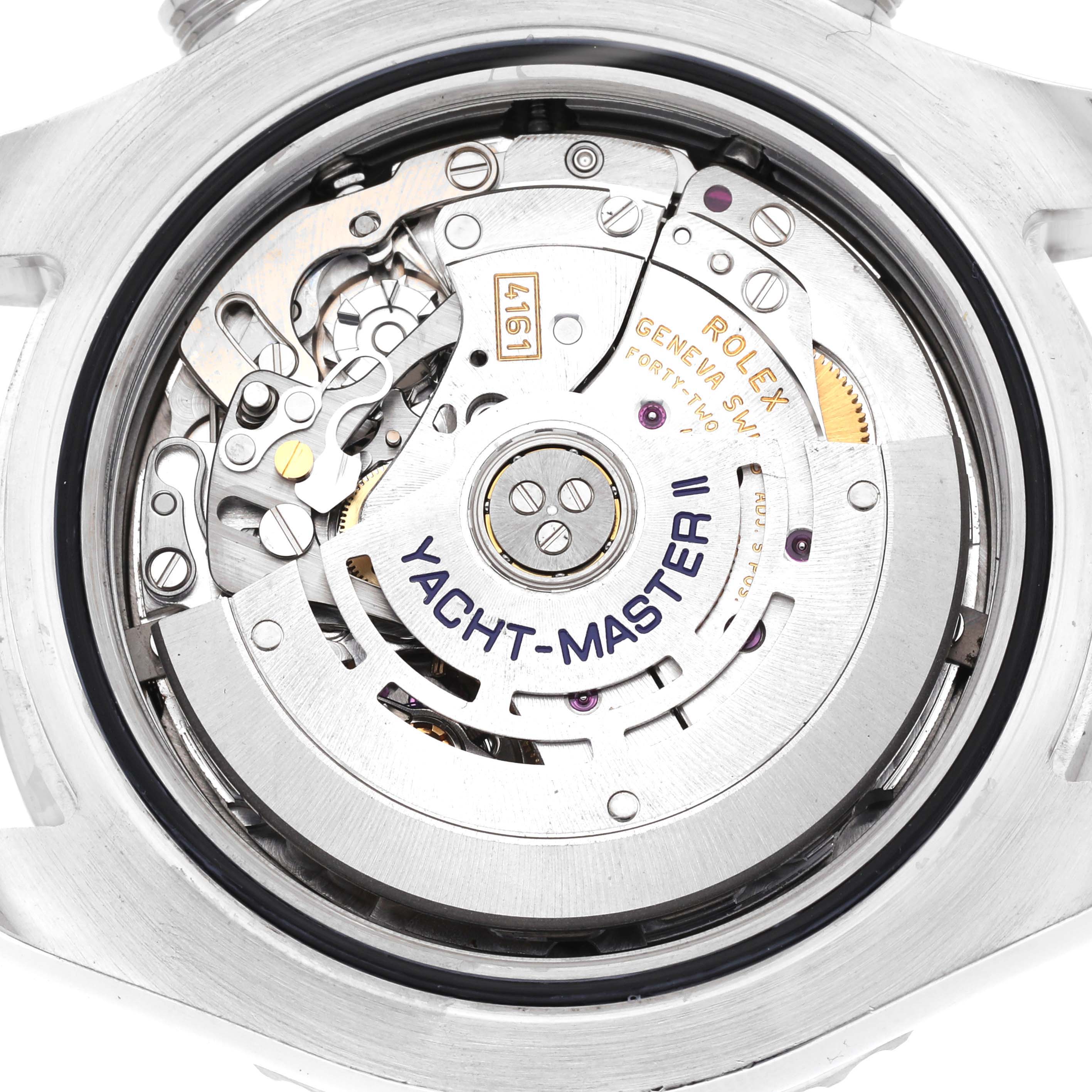 The watch image shows the back view of a Rolex Yacht-Master 116680 Men's Stainless Steel White Dial 116680 Men's Stainless Steel White Dial model highlighting its mechanical movement.