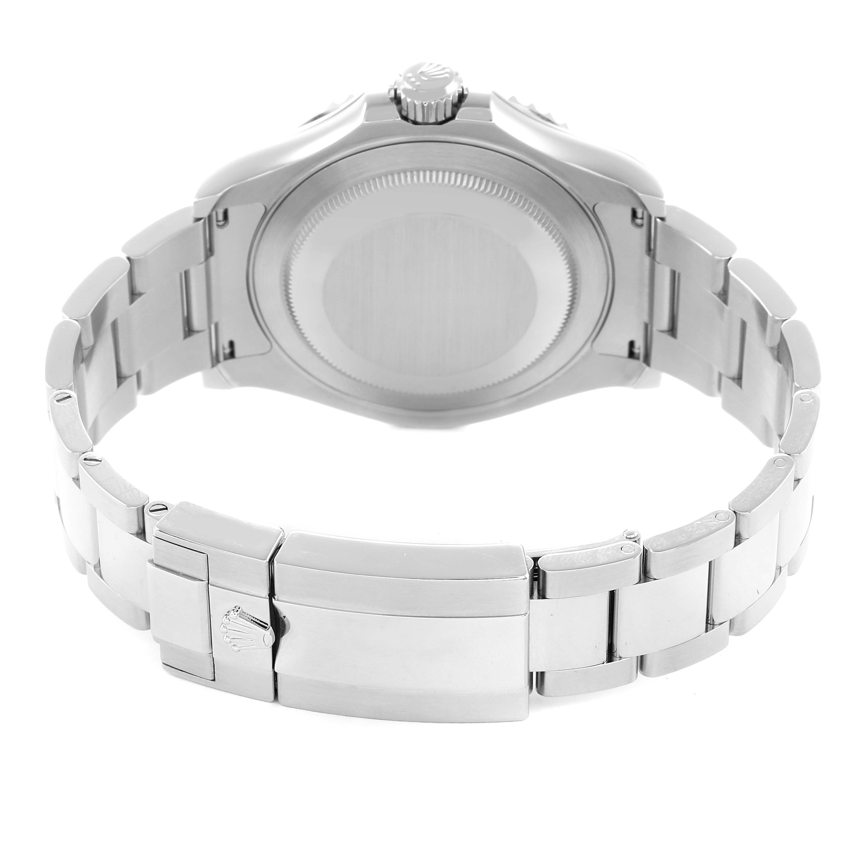 The image shows the back view of the Rolex Yacht-Master 126622 Men
s Stainless Steel Grey Dial watch, highlighting the bracelet and closed clasp.