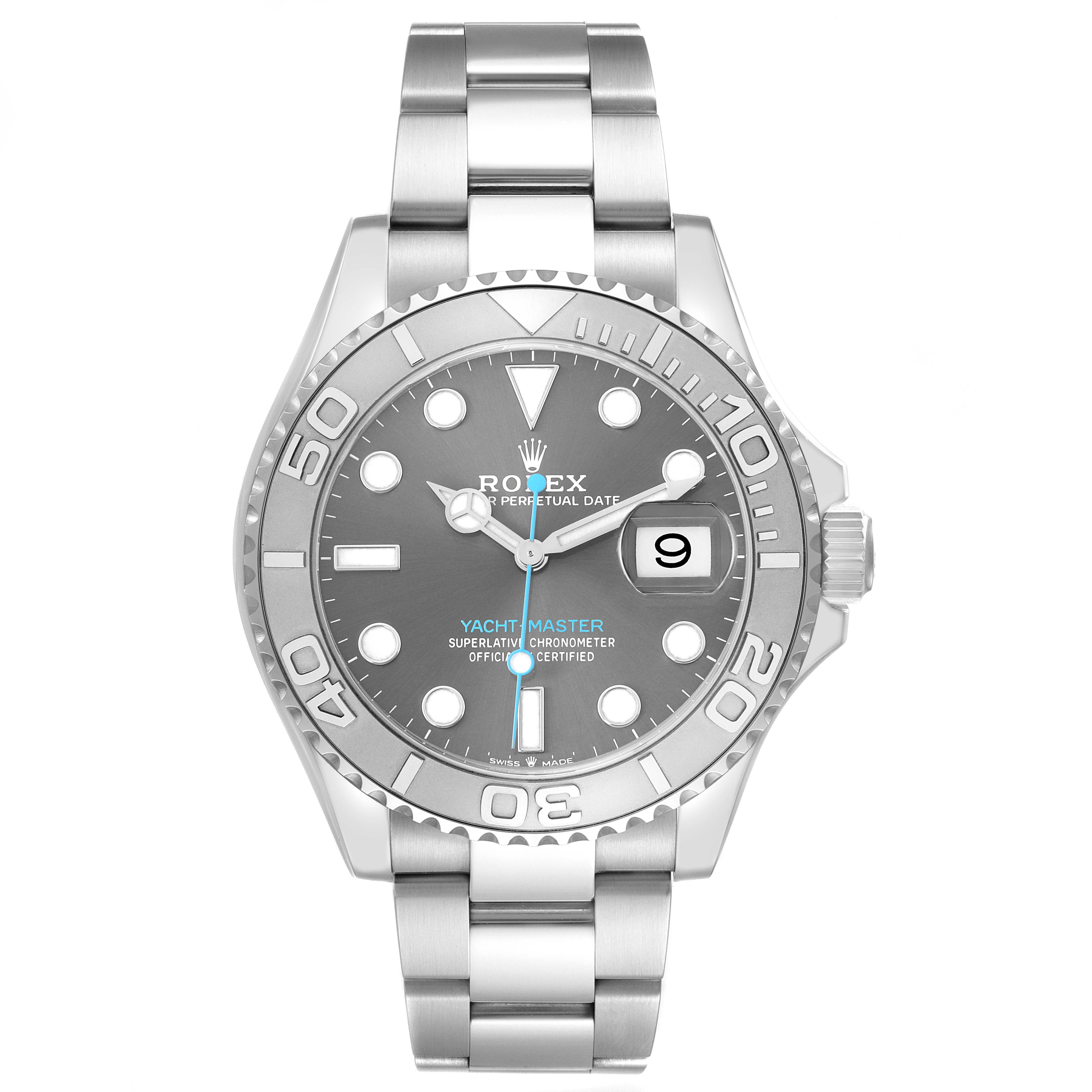 The Rolex Yacht-Master 126622 Men
s Stainless Steel Grey Dial watch is shown from the front, displaying its dial, bezel, and partial bracelet.