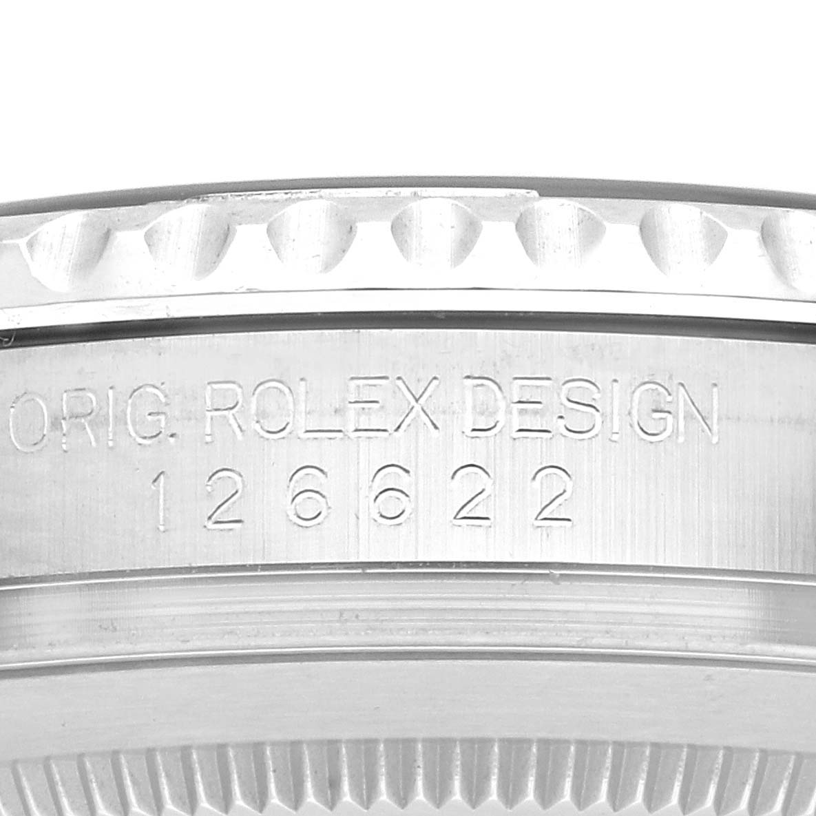 The image shows a close-up side view of a Rolex Yacht-Master 126622 Men
s Stainless Steel Grey Dial model bezel with engraved design details.