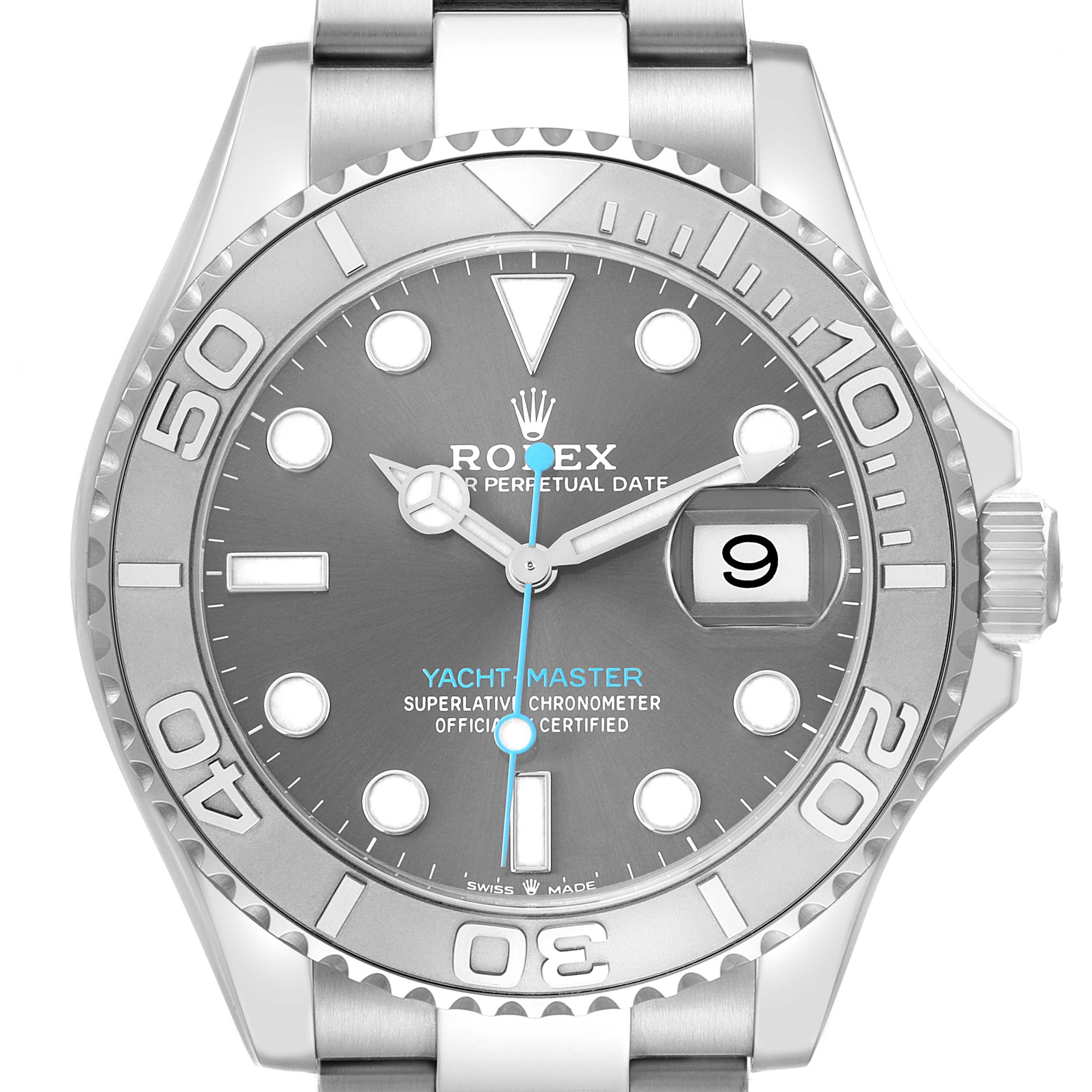 The Rolex Yacht-Master 126622 Men
s Stainless Steel Grey Dial watch is shown from a front angle, highlighting its dial, bezel, hands, date window, and bracelet.