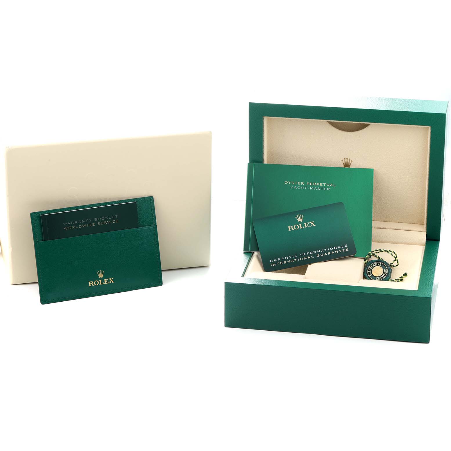 The image shows the packaging and documentation for a Rolex Yacht-Master 126622 Men
s Stainless Steel Grey Dial, including a box, warranty booklet, and international guarantee card.