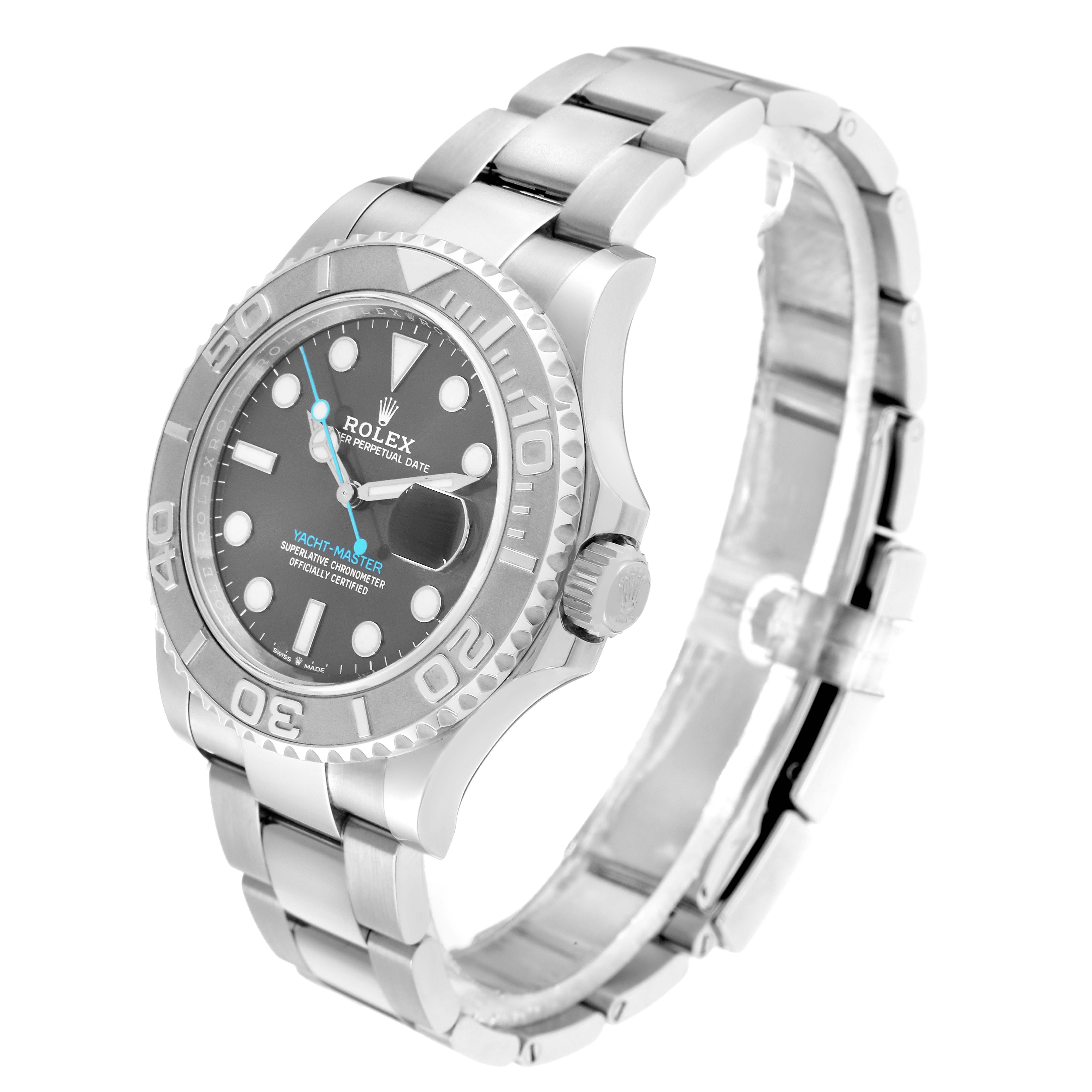 The Rolex Yacht-Master 126622 Men
s Stainless Steel Grey Dial watch is shown at a three-quarter angle, highlighting the bezel, face, and bracelet.