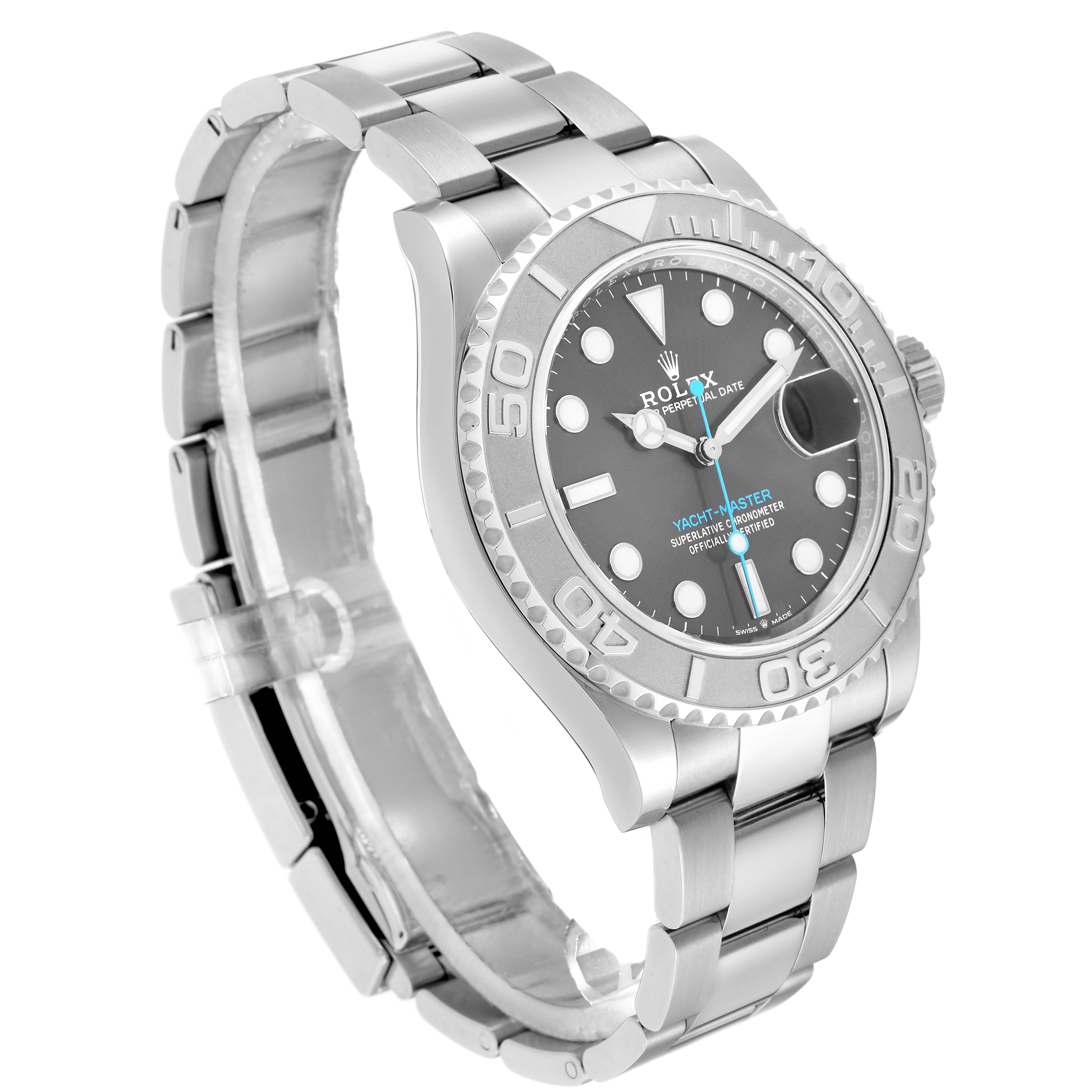 The Rolex Yacht-Master 126622 Men
s Stainless Steel Grey Dial is shown in a three-quarter view, highlighting the bezel, dial, bracelet, and clasp.