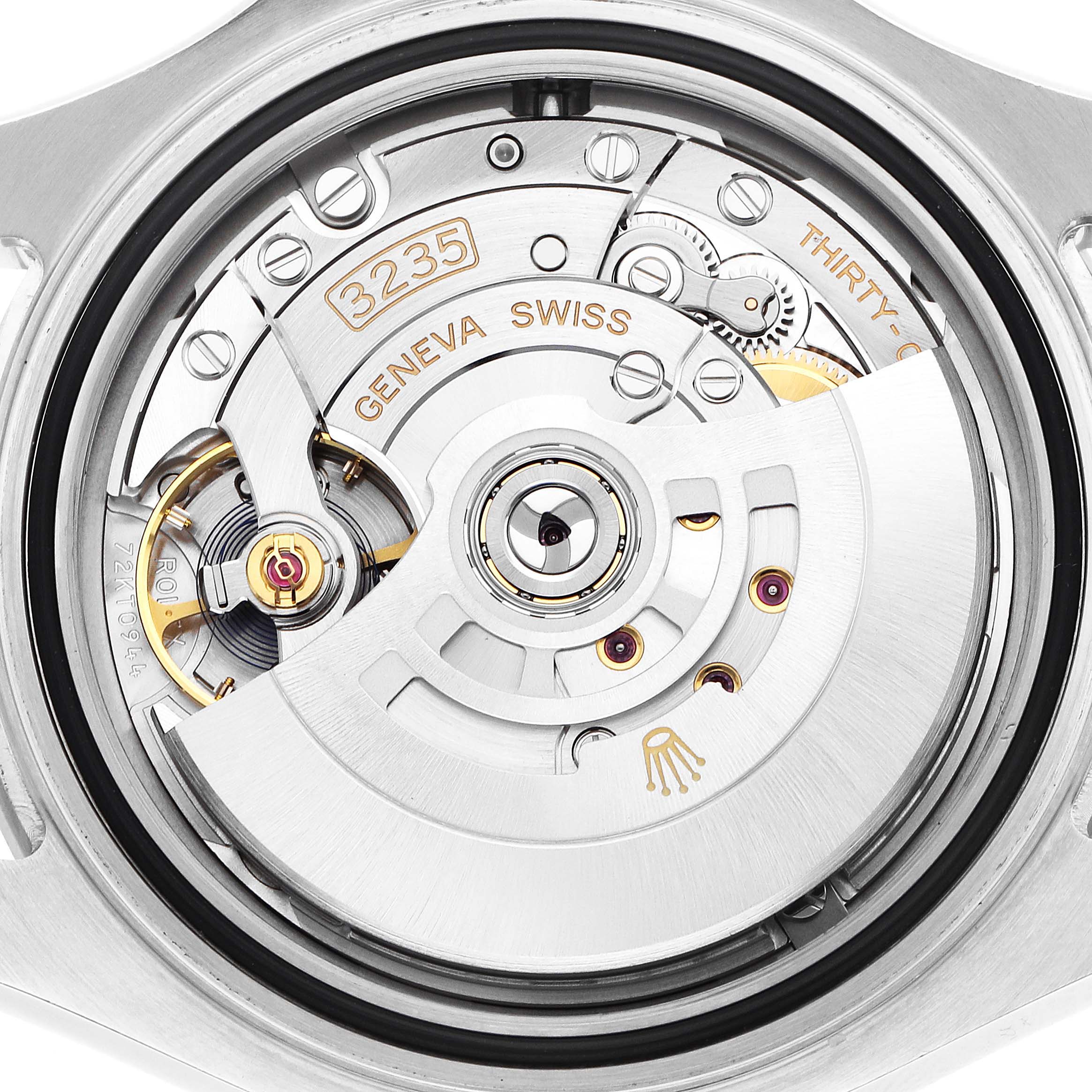 The image shows the movement of a Rolex Yacht-Master 126622 Men
s Stainless Steel Grey Dial watch viewed from the back, highlighting its intricate gears and rotor.