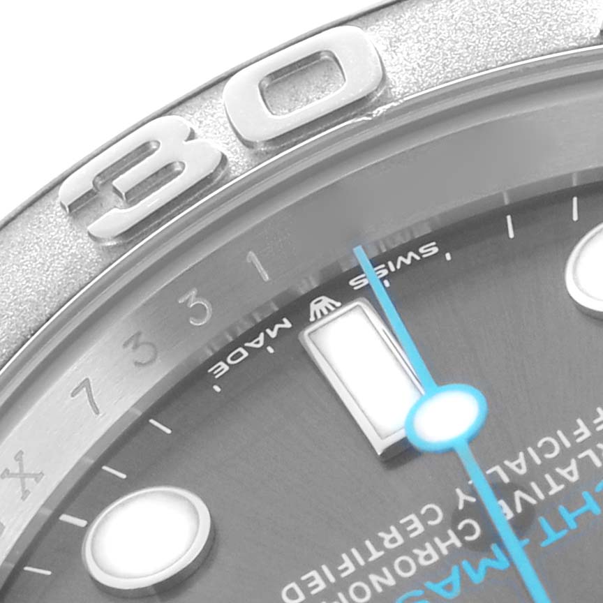 The image shows a close-up of the Rolex Yacht-Master 126622 Men
s Stainless Steel Grey Dial
s bezel, dial, and part of the minute hand.