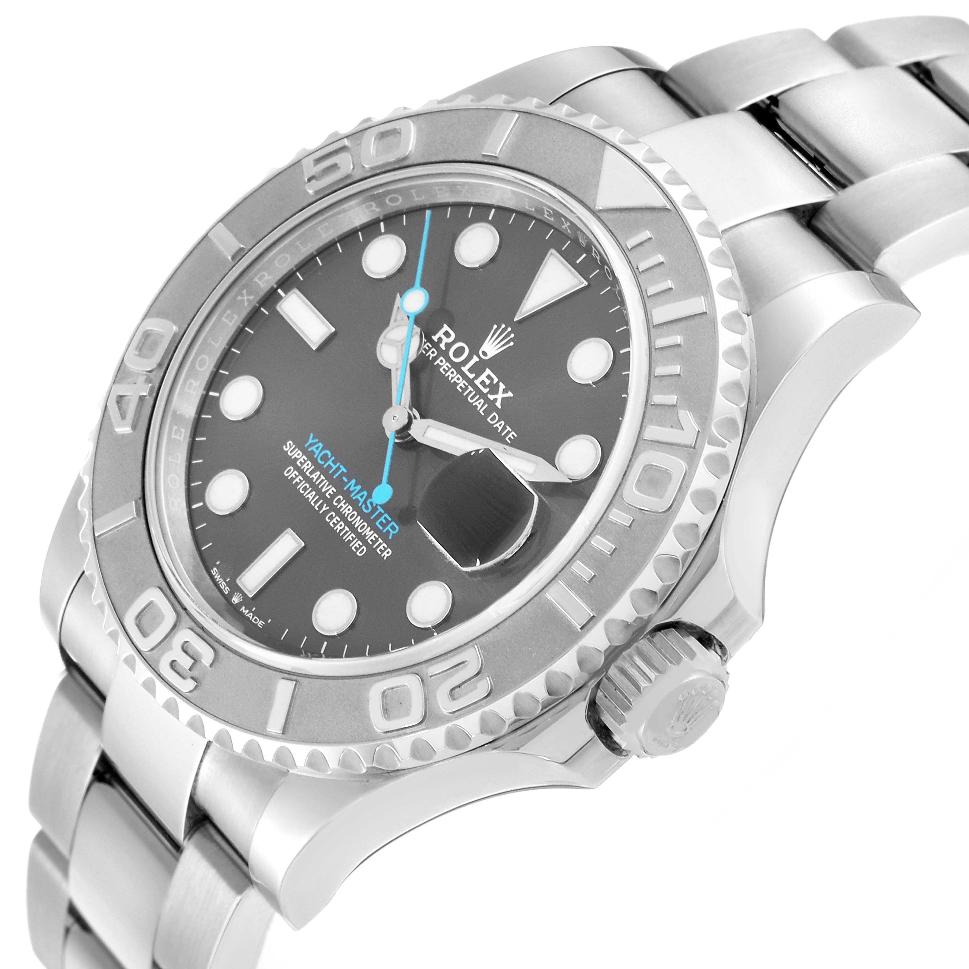 The Rolex Yacht-Master 126622 Men
s Stainless Steel Grey Dial watch is shown at a slightly tilted angle, highlighting the face, bezel, crown, and part of the bracelet.