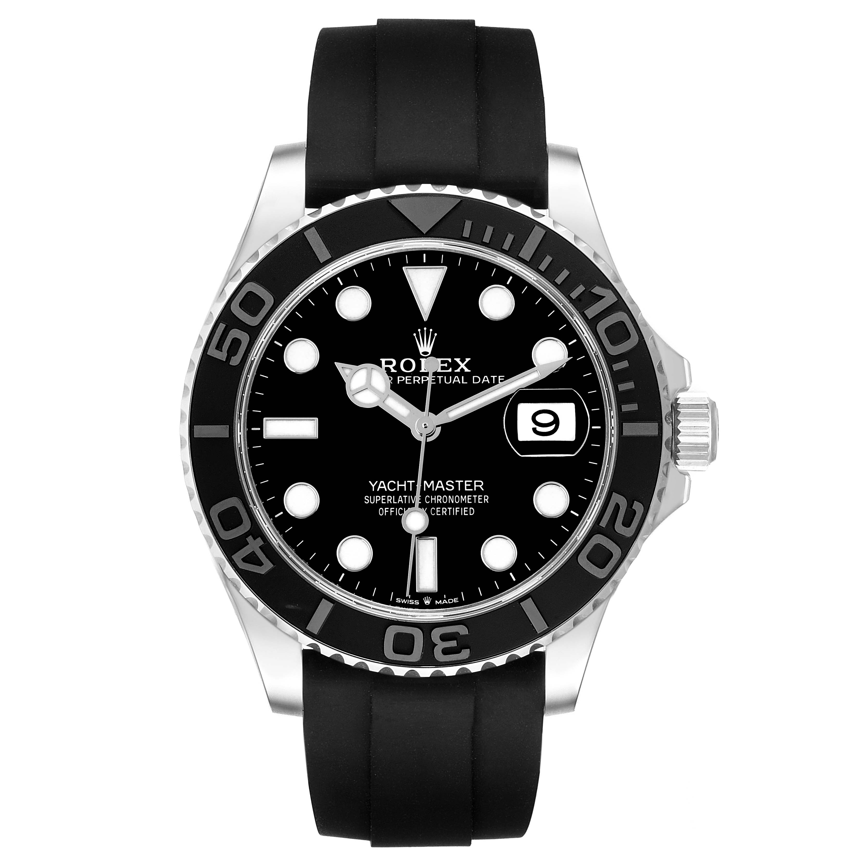 The Rolex Yacht-Master 226659 Men's White Gold Black Dial 226659 Men's White Gold Black Dial watch is shown from a front angle, displaying the face, bezel, crown, and strap.
