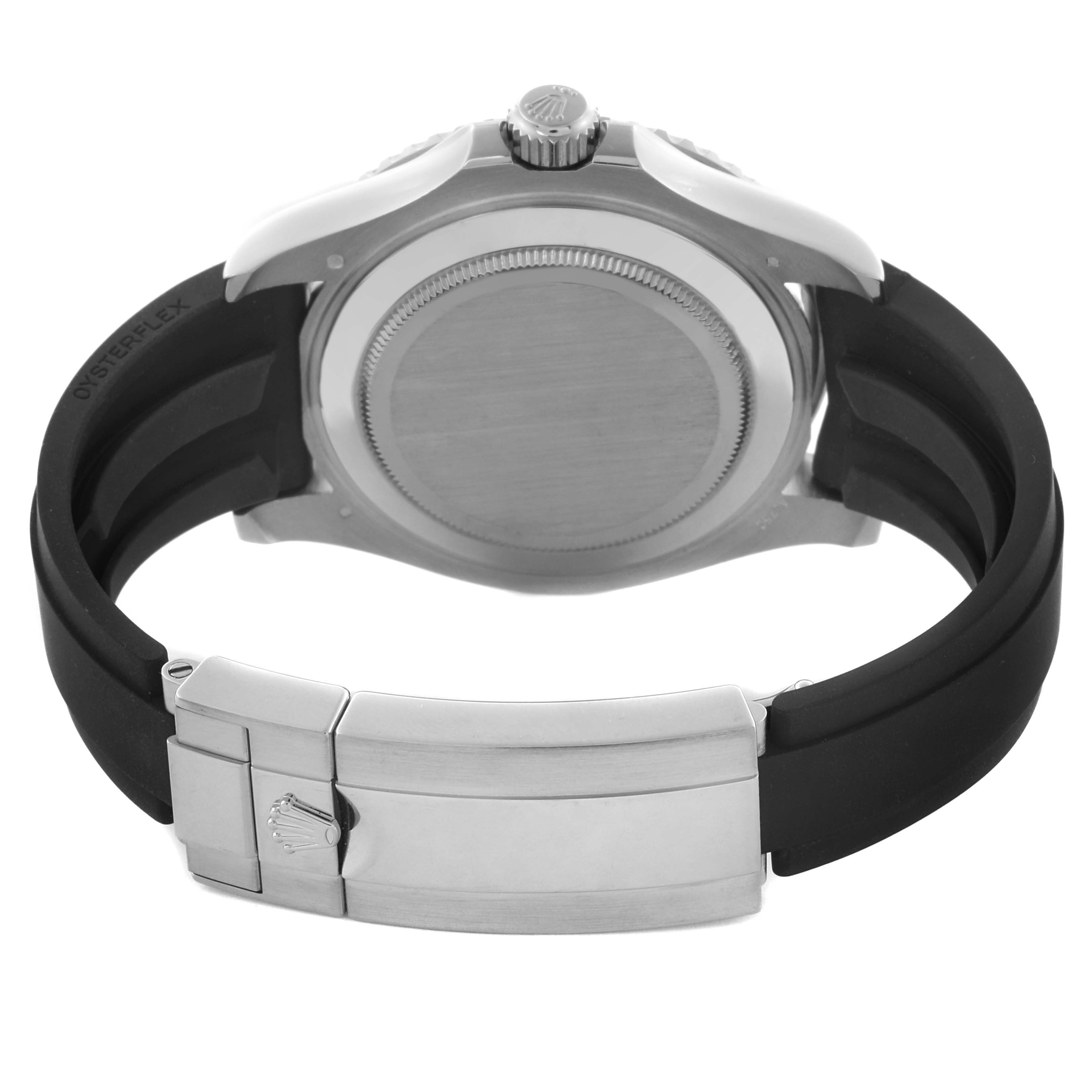 The Rolex Yacht-Master 226659 Men's White Gold Black Dial 226659 Men's White Gold Black Dial watch is shown from the back, highlighting the case back and Oysterflex bracelet with clasp.