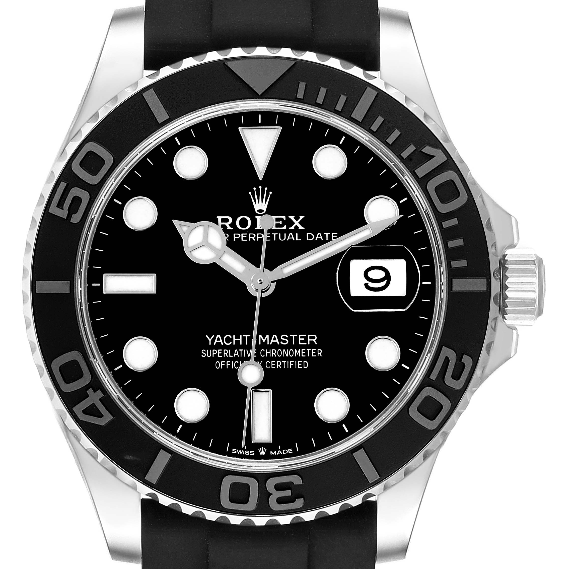 The Rolex Yacht-Master 226659 Men's White Gold Black Dial 226659 Men's White Gold Black Dial watch is shown from a front angle, displaying its face, bezel, crown, and part of the strap.