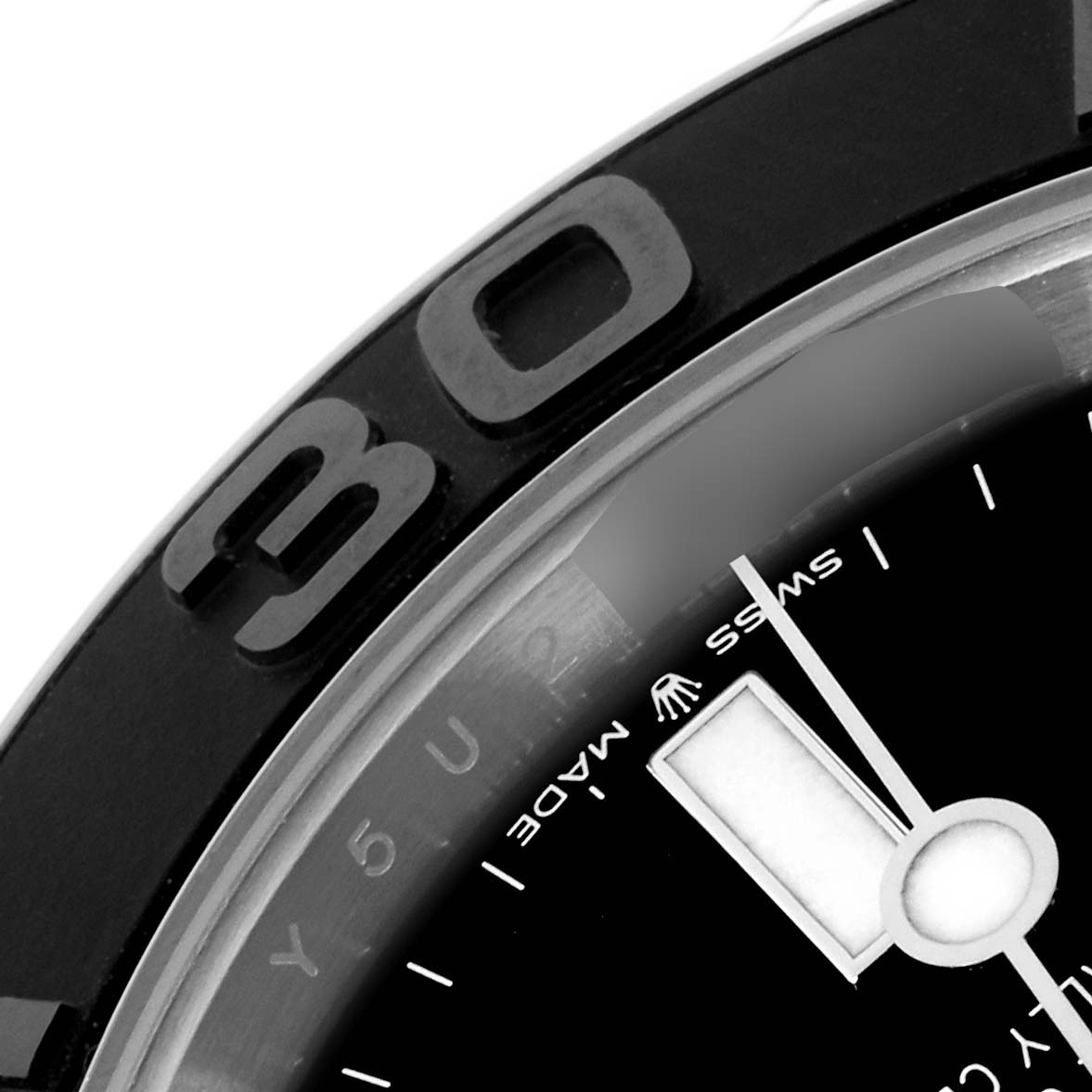 The image shows a close-up of the bezel and part of the dial of a Rolex Yacht-Master 226659 Men's White Gold Black Dial 226659 Men's White Gold Black Dial.
