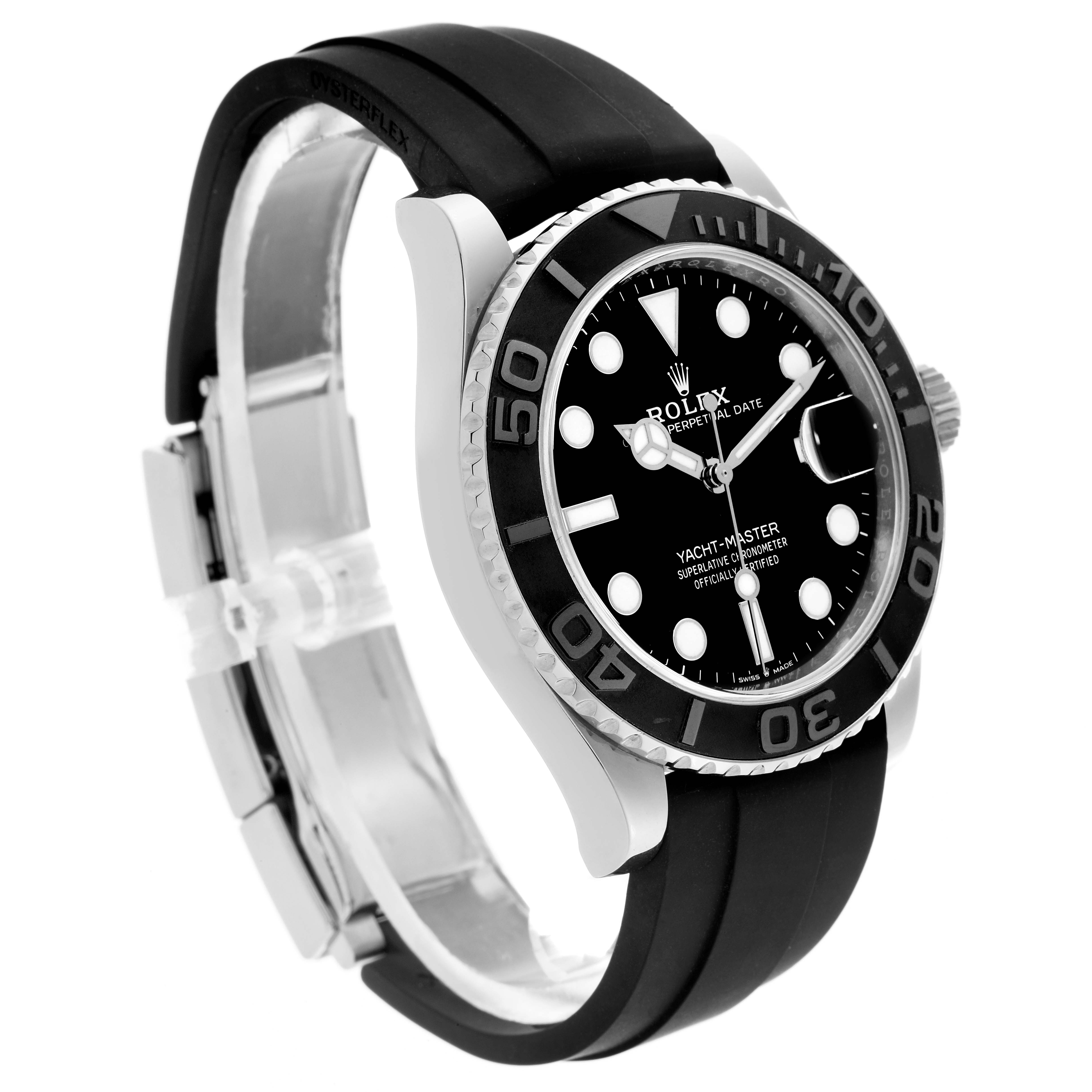 The Rolex Yacht-Master 226659 Men's White Gold Black Dial 226659 Men's White Gold Black Dial watch is shown at a side angle, highlighting the black dial, rotating bezel, and rubber strap.