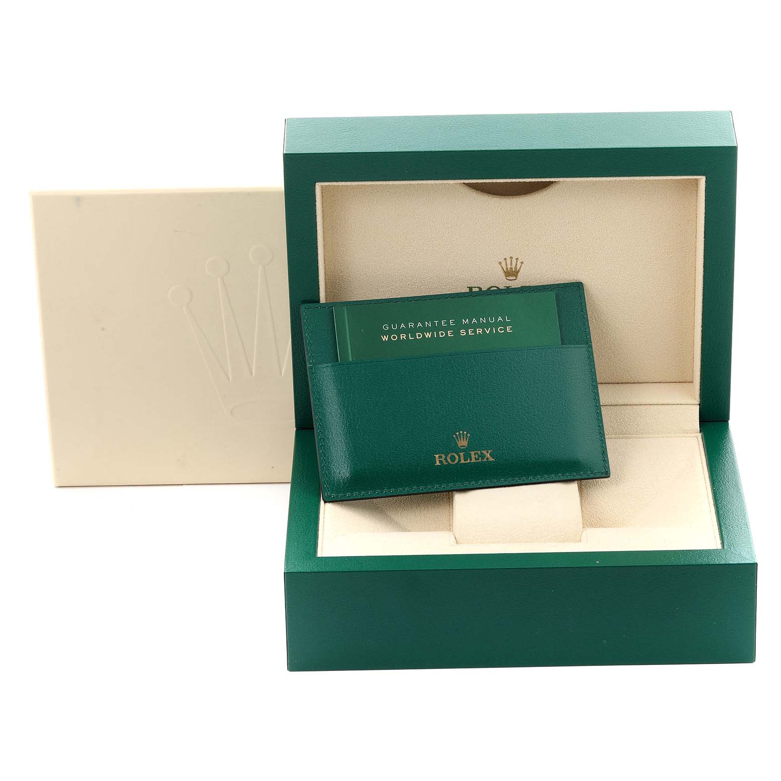 The image shows a Rolex Yacht-Master 226659 Men's White Gold Black Dial 226659 Men's White Gold Black Dial watch box, including a warranty cardholder and service manual, from a front angle.