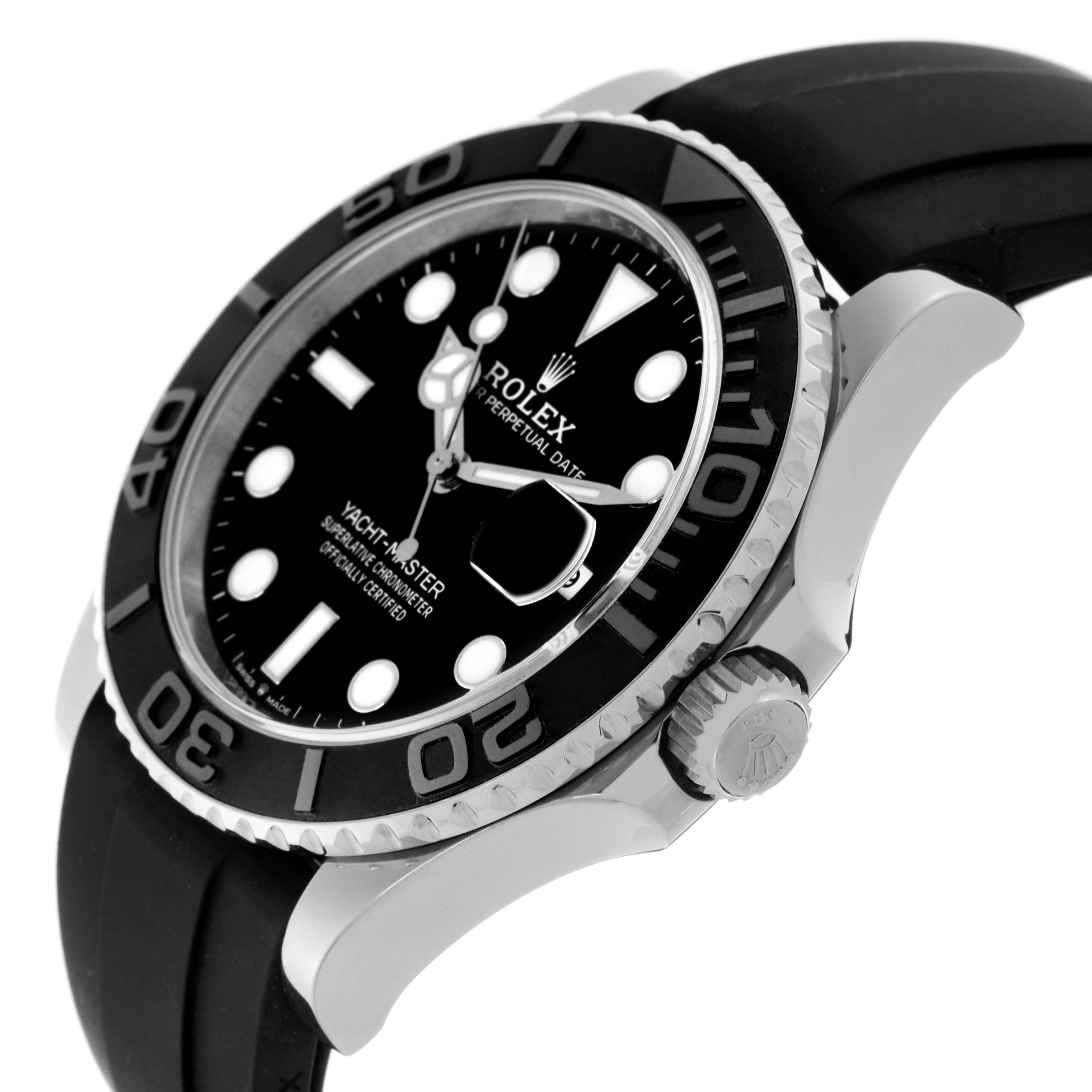 The Rolex Yacht-Master 226659 Men's White Gold Black Dial 226659 Men's White Gold Black Dial watch is shown at a side angle, highlighting the bezel, crown, and strap.