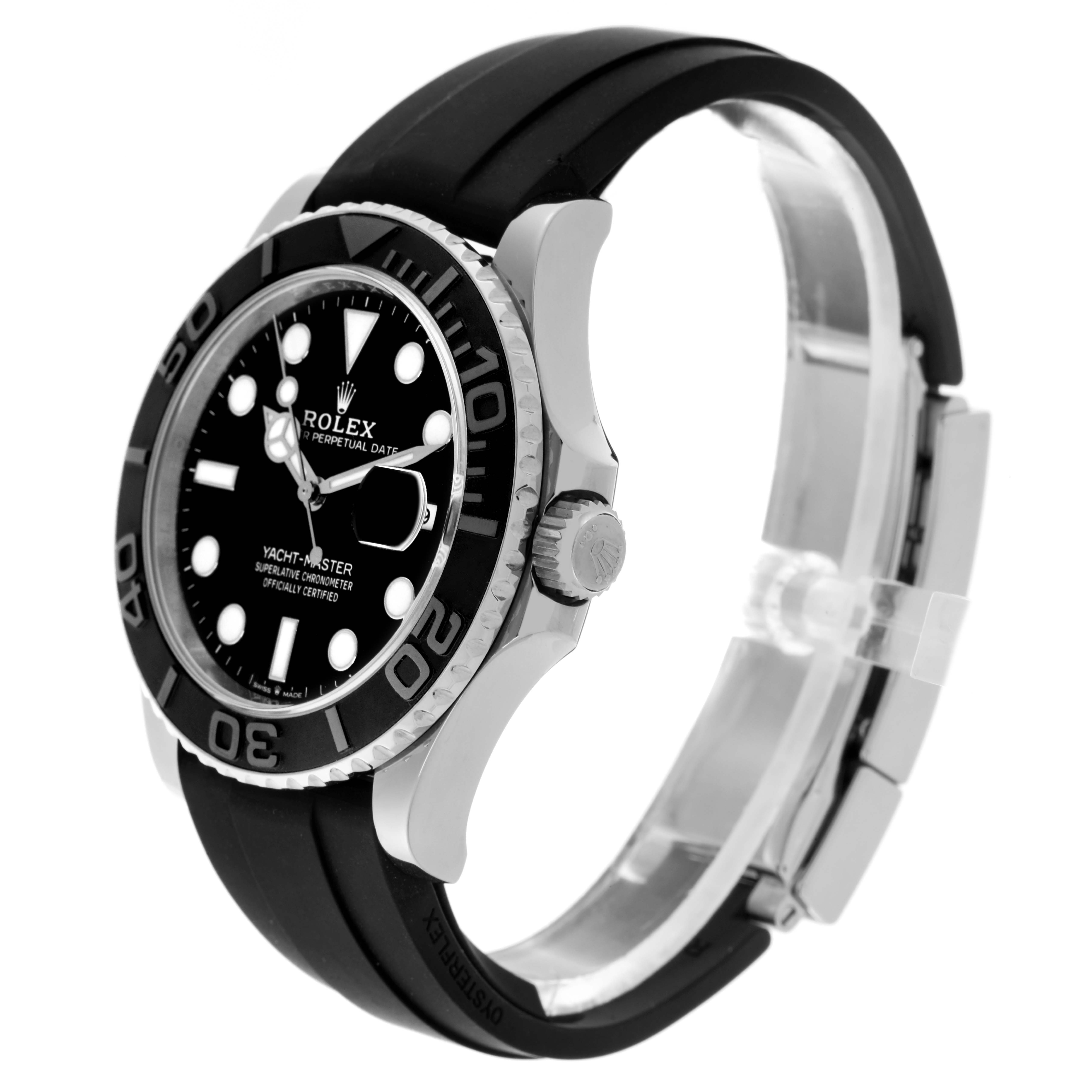 The Rolex Yacht-Master 226659 Men's White Gold Black Dial 226659 Men's White Gold Black Dial watch is shown from a side angle, displaying the face, bezel, crown, and strap.