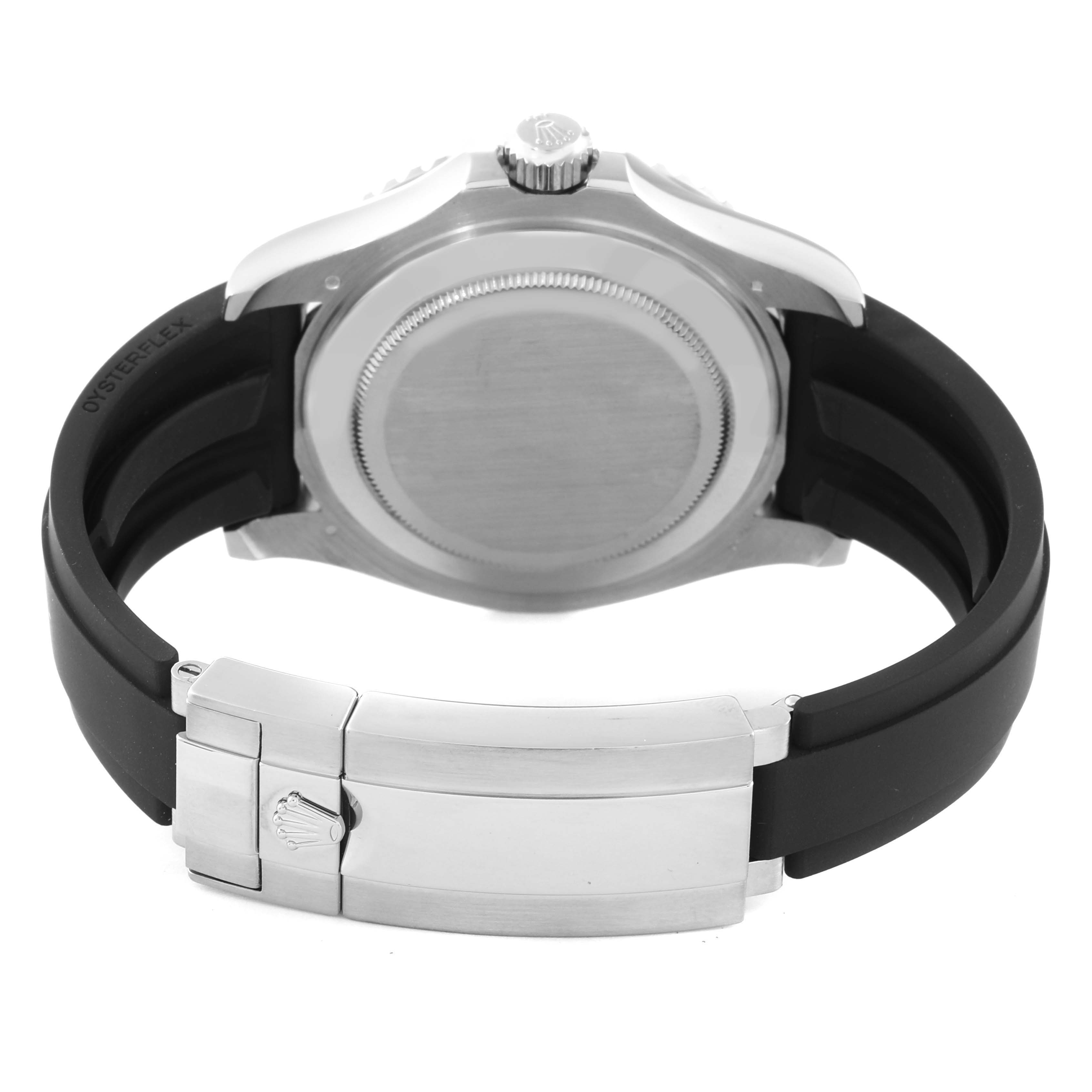 The image shows the back view of a Rolex Yacht-Master 226659 Men's White Gold Black Dial watch, highlighting the case back and clasp.