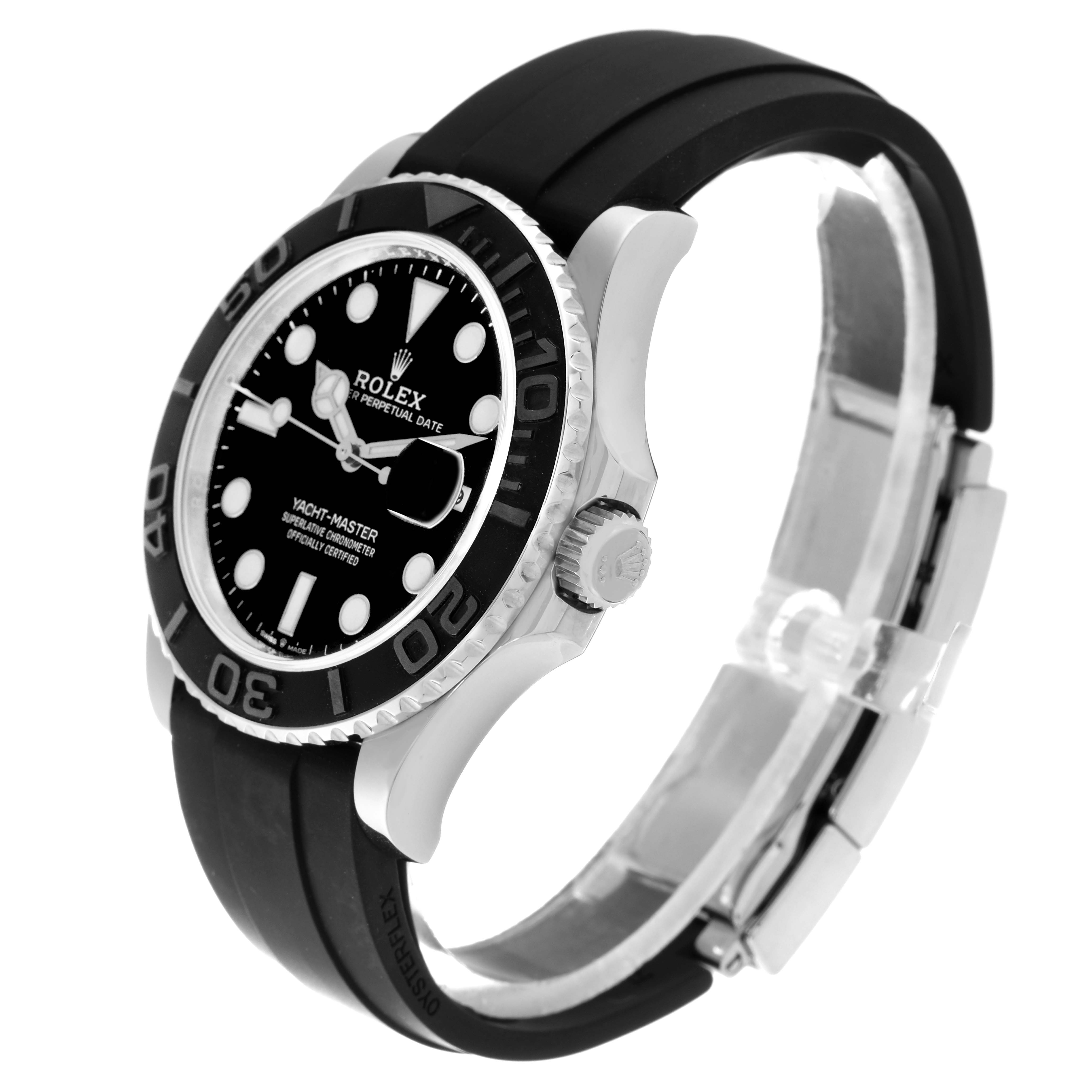 The Rolex Yacht-Master 226659 Men's White Gold Black Dial watch is shown at a three-quarter angle, highlighting the bezel, crown, dial, and rubber strap.