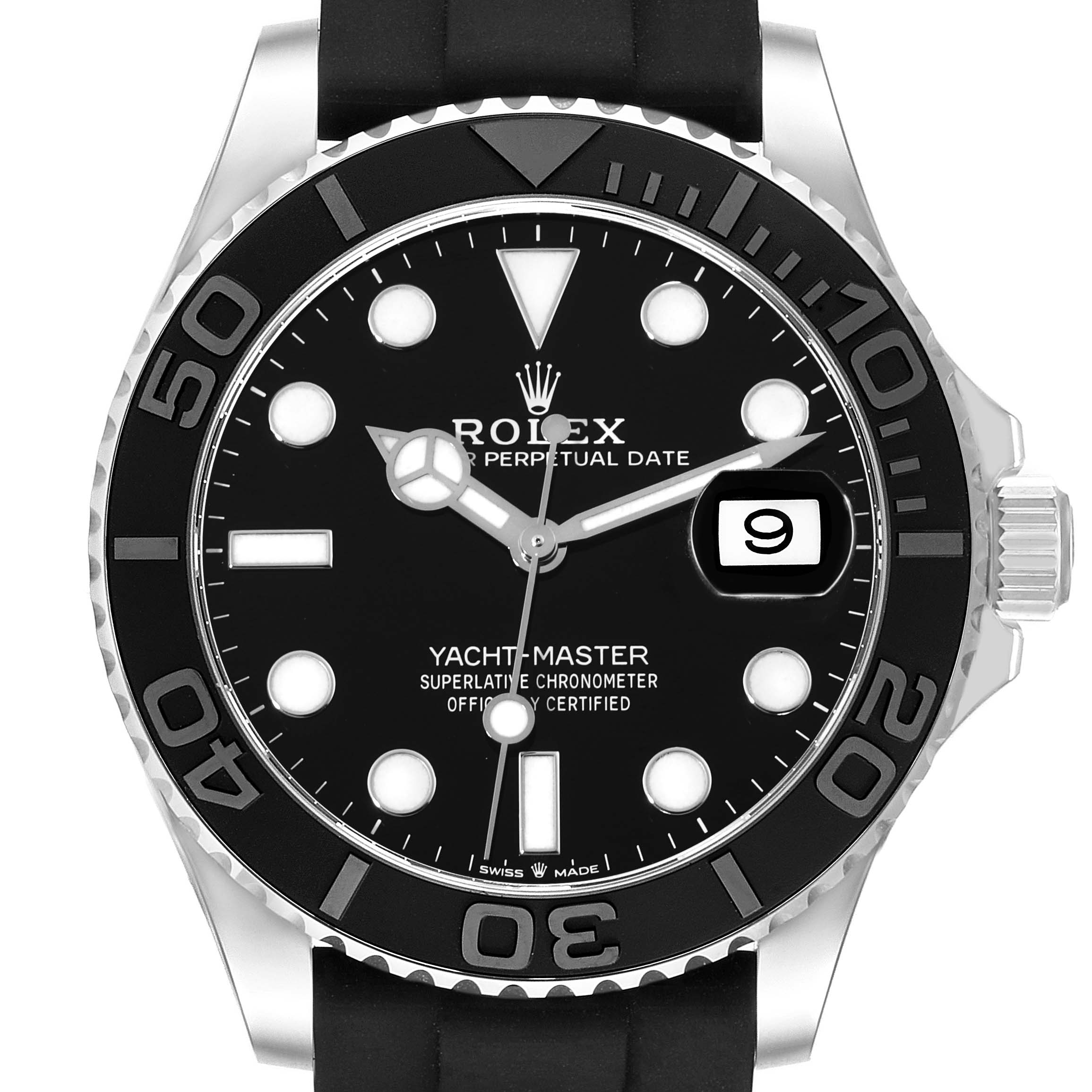 The Rolex Yacht-Master 226659 Men's White Gold Black Dial watch is shown from the front, highlighting the dial, bezel, crown, case, and strap.