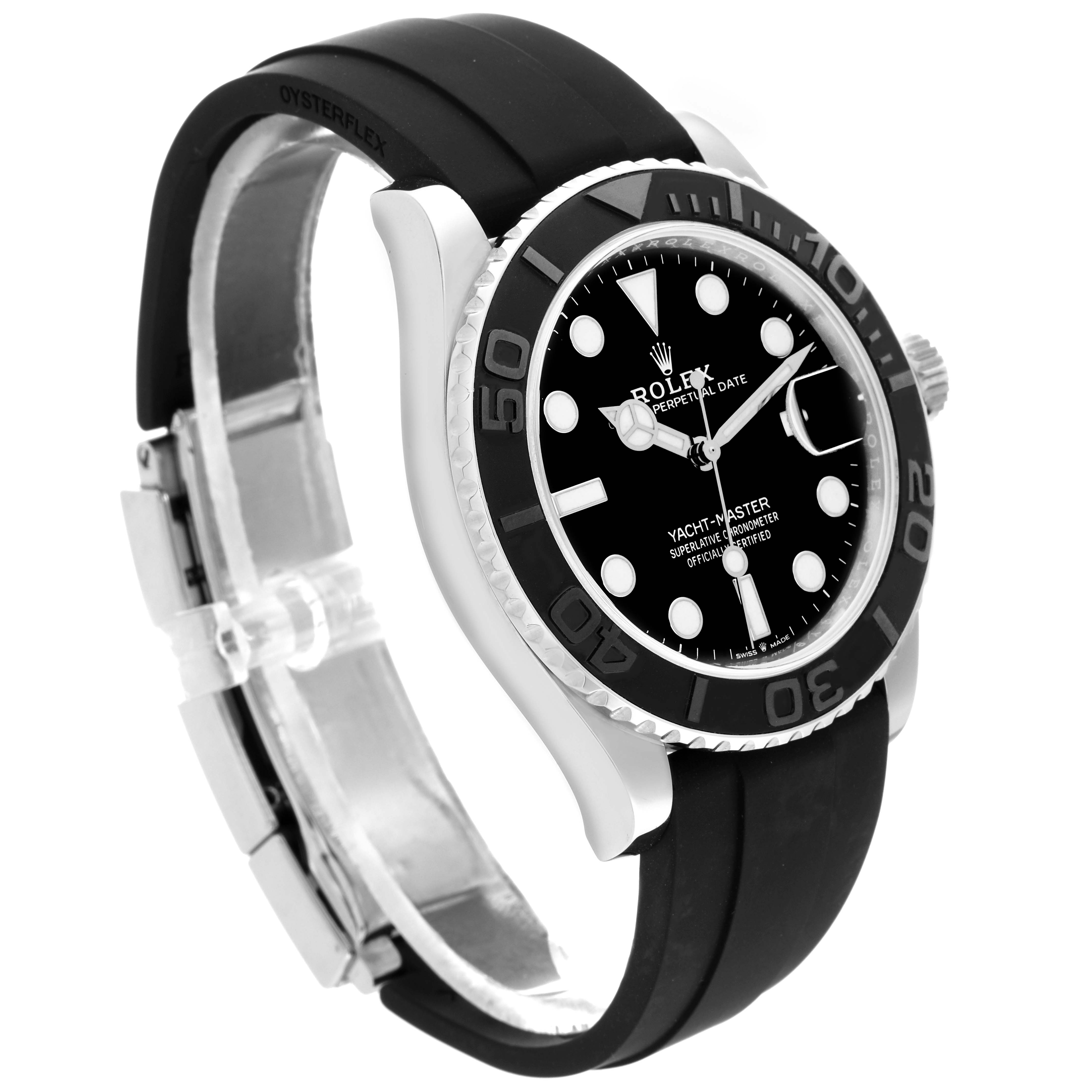 The Rolex Yacht-Master 226659 Men's White Gold Black Dial watch is shown at an angle highlighting the dial, bezel, and Oysterflex strap.