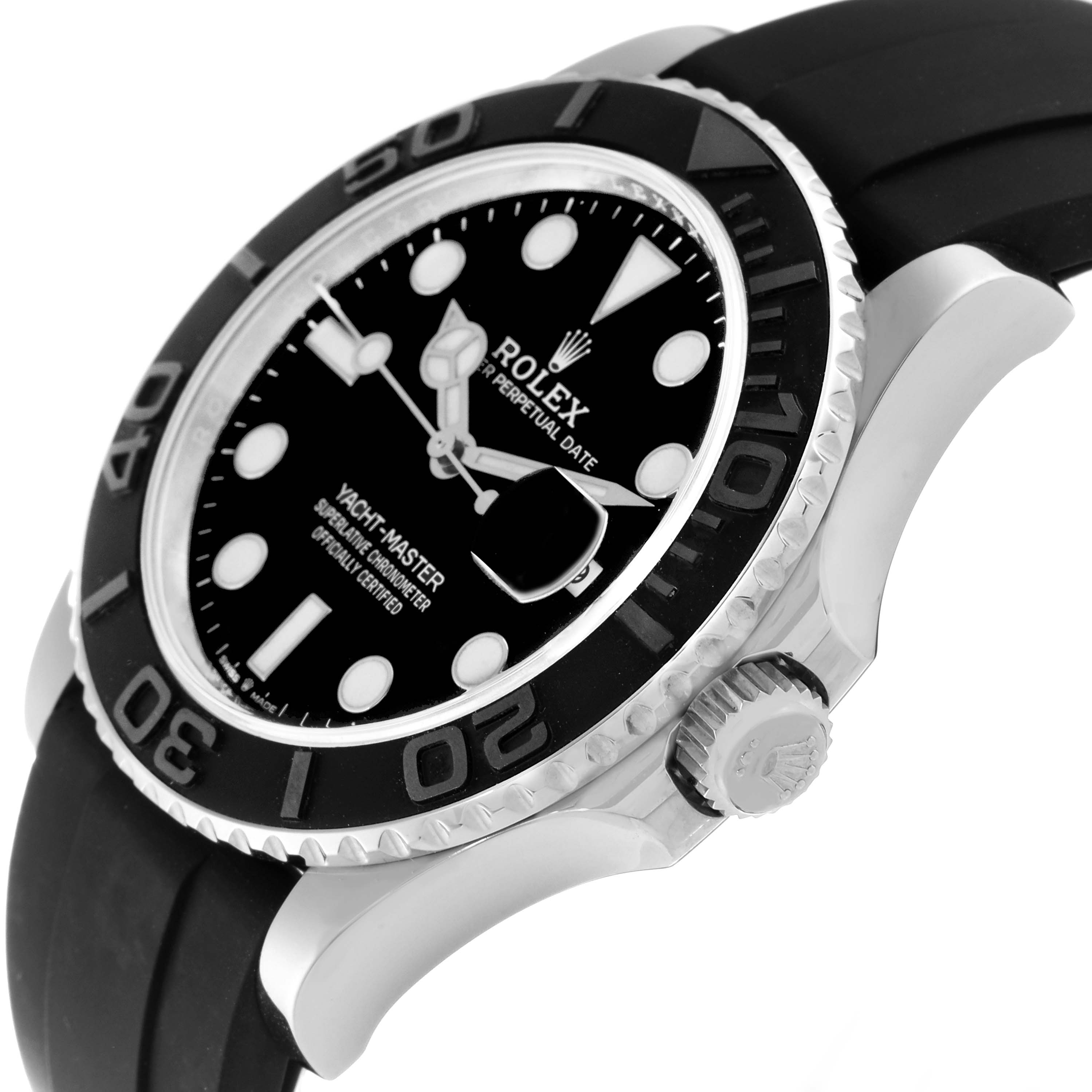 The Rolex Yacht-Master 226659 Men's White Gold Black Dial watch is shown from a side angle, highlighting the bezel, crown, and rubber strap.