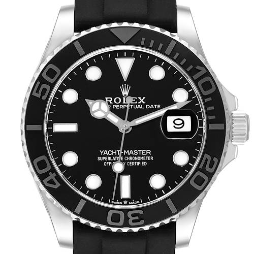 The Rolex Yacht-Master 226659 Men's White Gold Black Dial watch is shown from a front angle, displaying the dial, bezel, and crown.