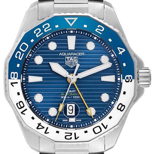 The Tag Heuer Aquaracer watch is shown from a top view, displaying the dial, bezel, and part of the bracelet.